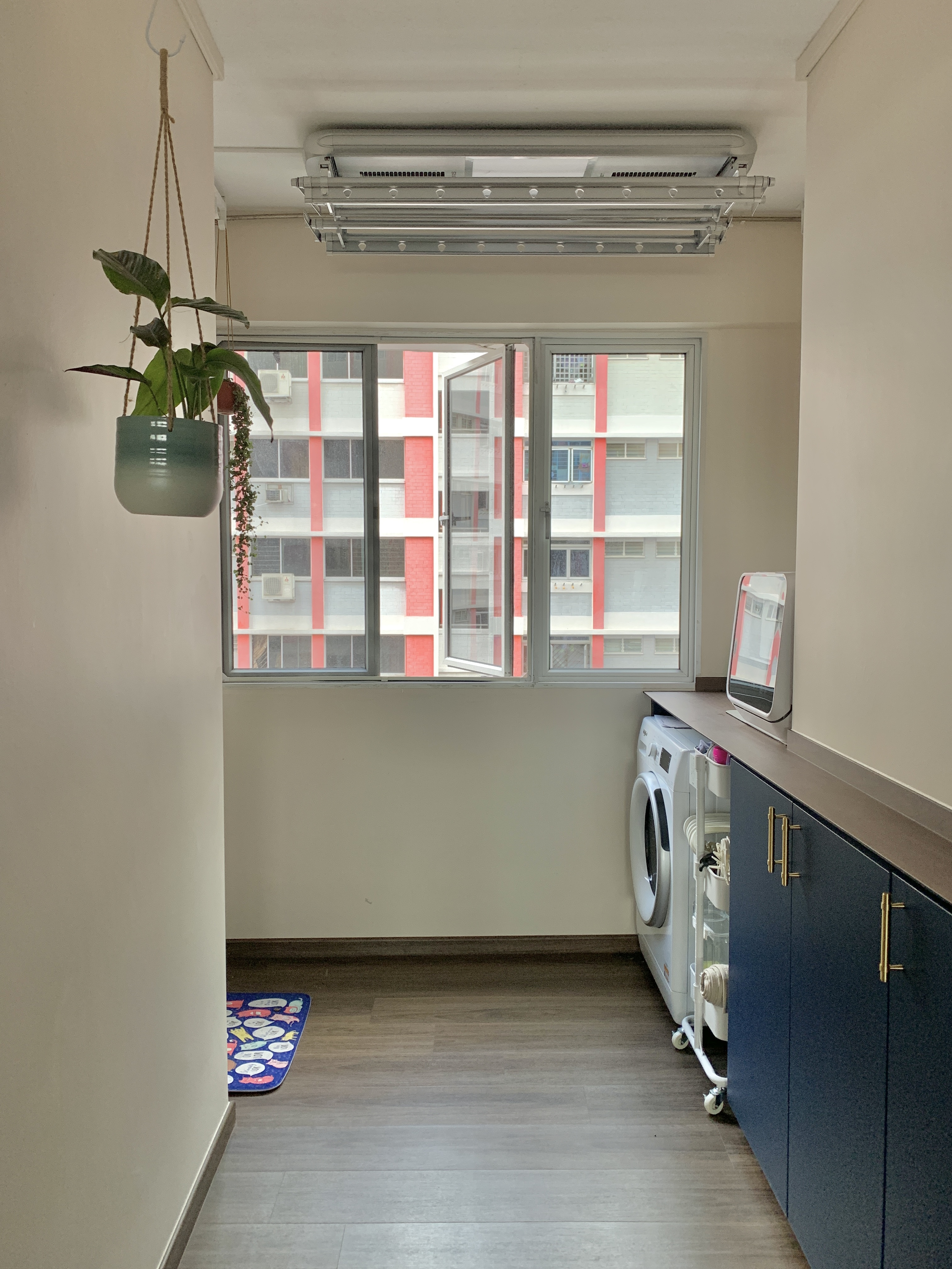 Simple and Clean: A compact laundry space! - green hanging plant, white wall, modern kitchen, laundry room, blue cabinets