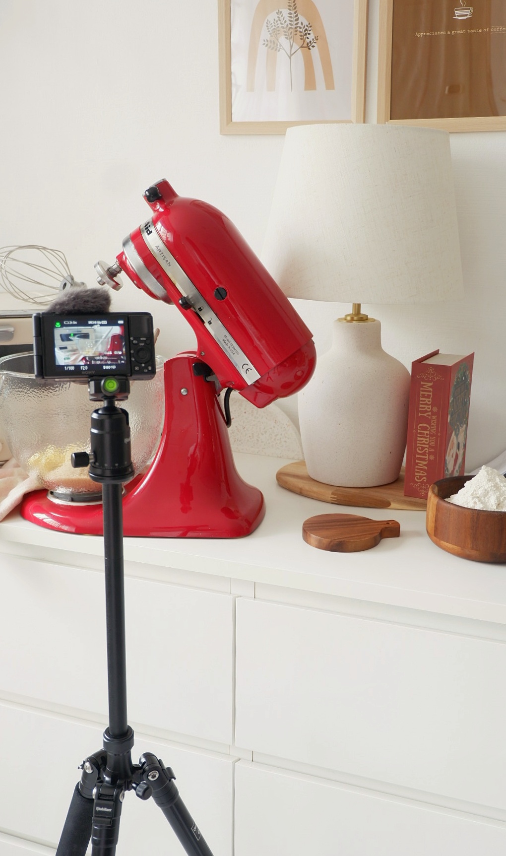 Kitchen purchases that I would recommend  - red stand mixer, kitchen countertop, baking tools, white cabinets, modern