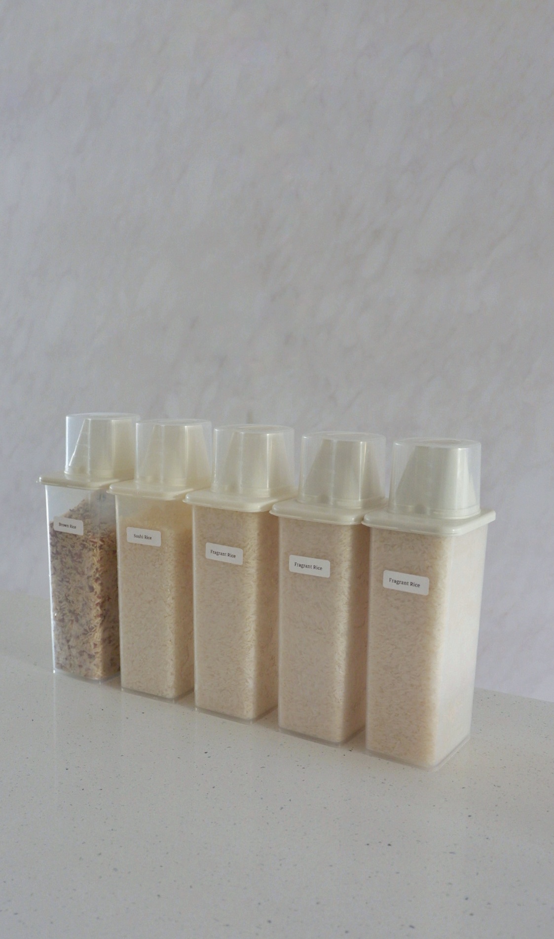 Kitchen purchases that I would recommend  - Clear plastic containers, labeled rice, brown rice, sushi rice, fragrant rice