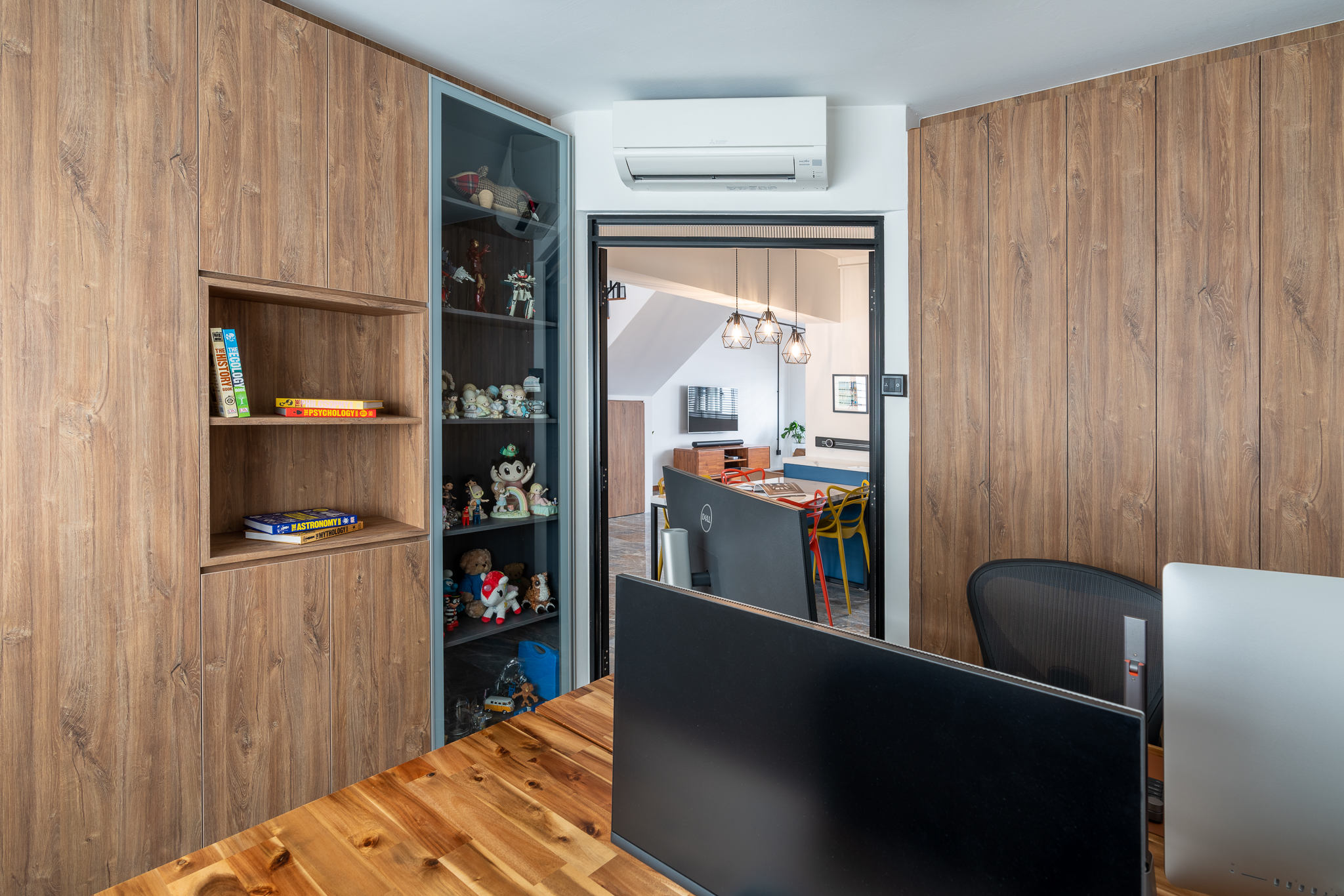 WFHappily Ever After - Wooden bookshelf, modern furniture, indoor plant, air conditioning unit, glass cabinet, colorful toys