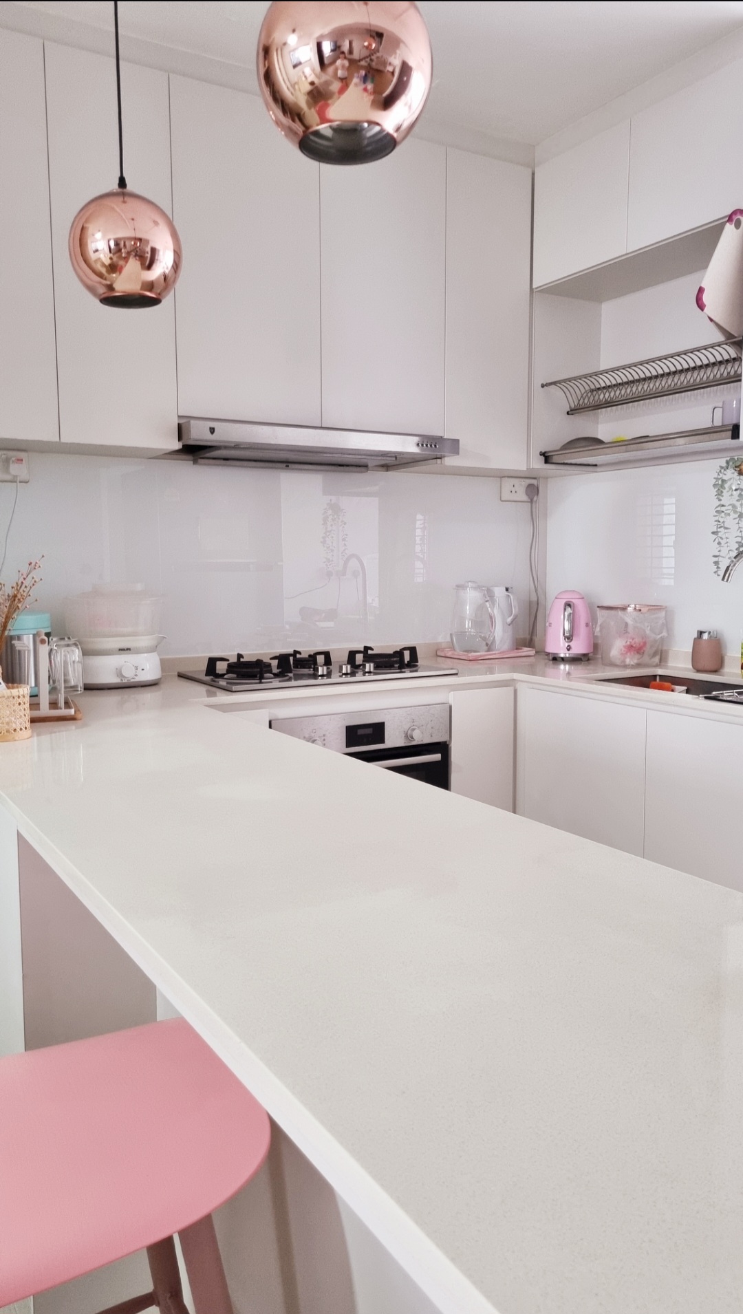 Our WHITE open kitchen - White kitchen with modern design, minimalist appliances, sleek countertops, copper pendant lights