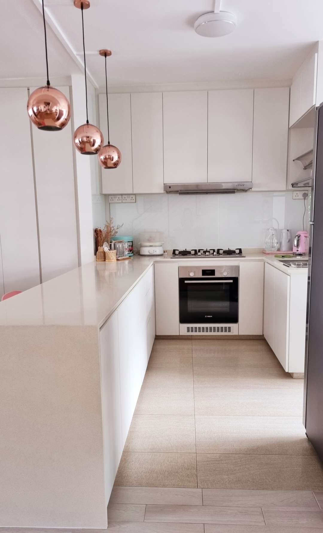 Our WHITE open kitchen - White modern kitchen with copper accents, minimalist design, sleek cabinetry, stainless steel