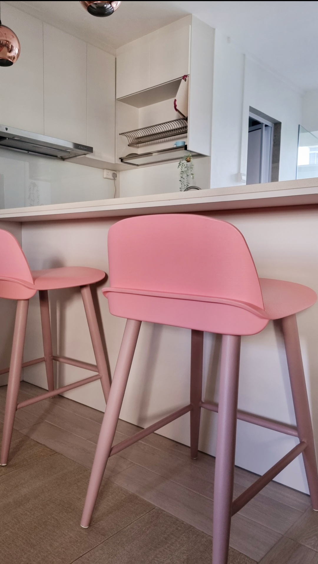 Our WHITE open kitchen - modern kitchen, pink chairs, stylish bar stools, minimalist design, contemporary decor, pastel color