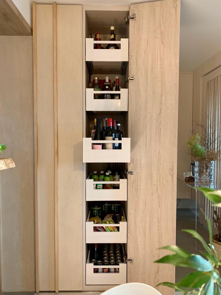 Japanese Inspired Interior | Dining Room with hidden storages - Wooden wine cabinet, neatly organized shelves, wine bottles
