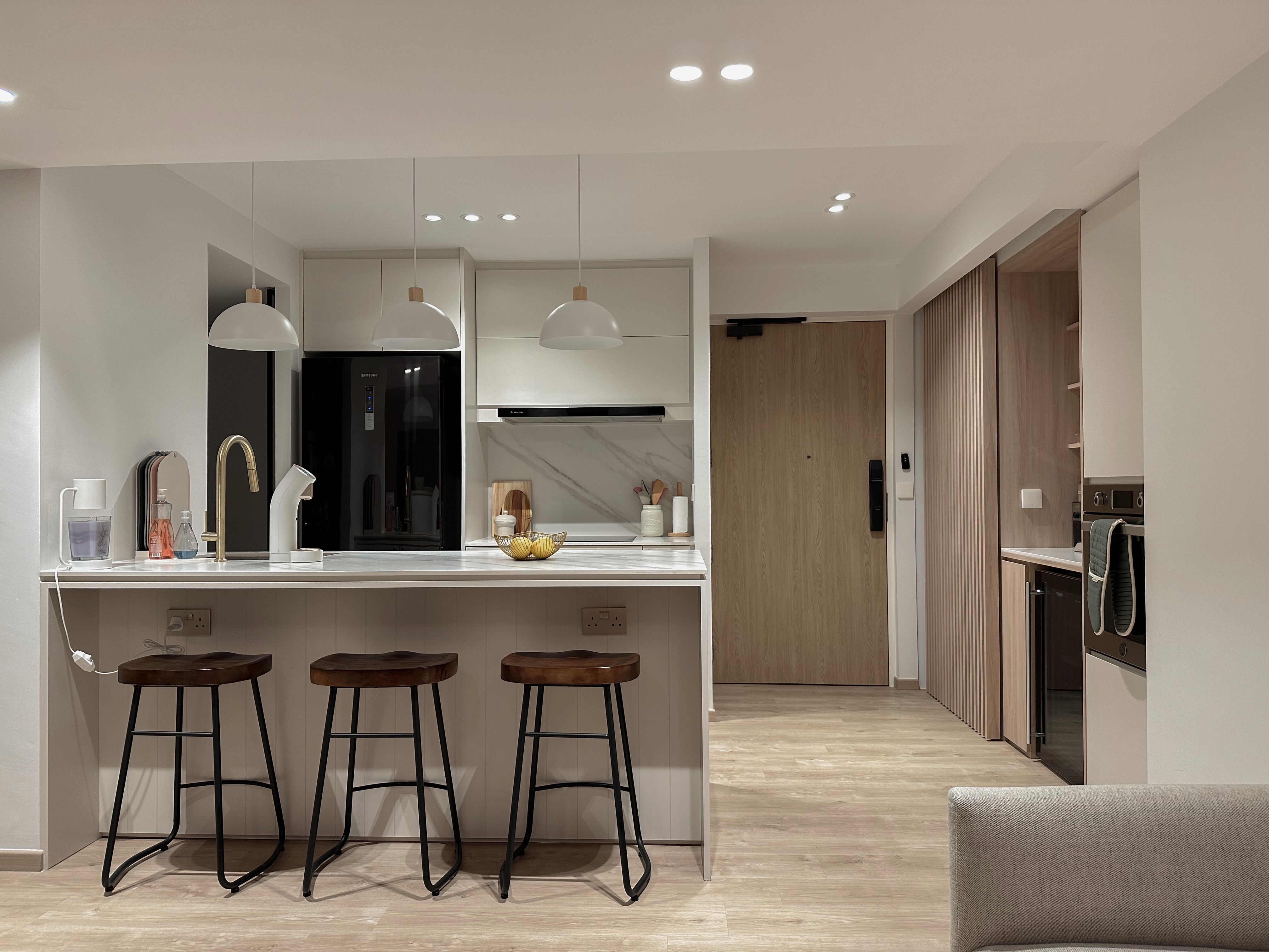 Our Minimalist Open Kitchen - Modern kitchen with sleek design, minimalist decor, open shelving, integrated appliances