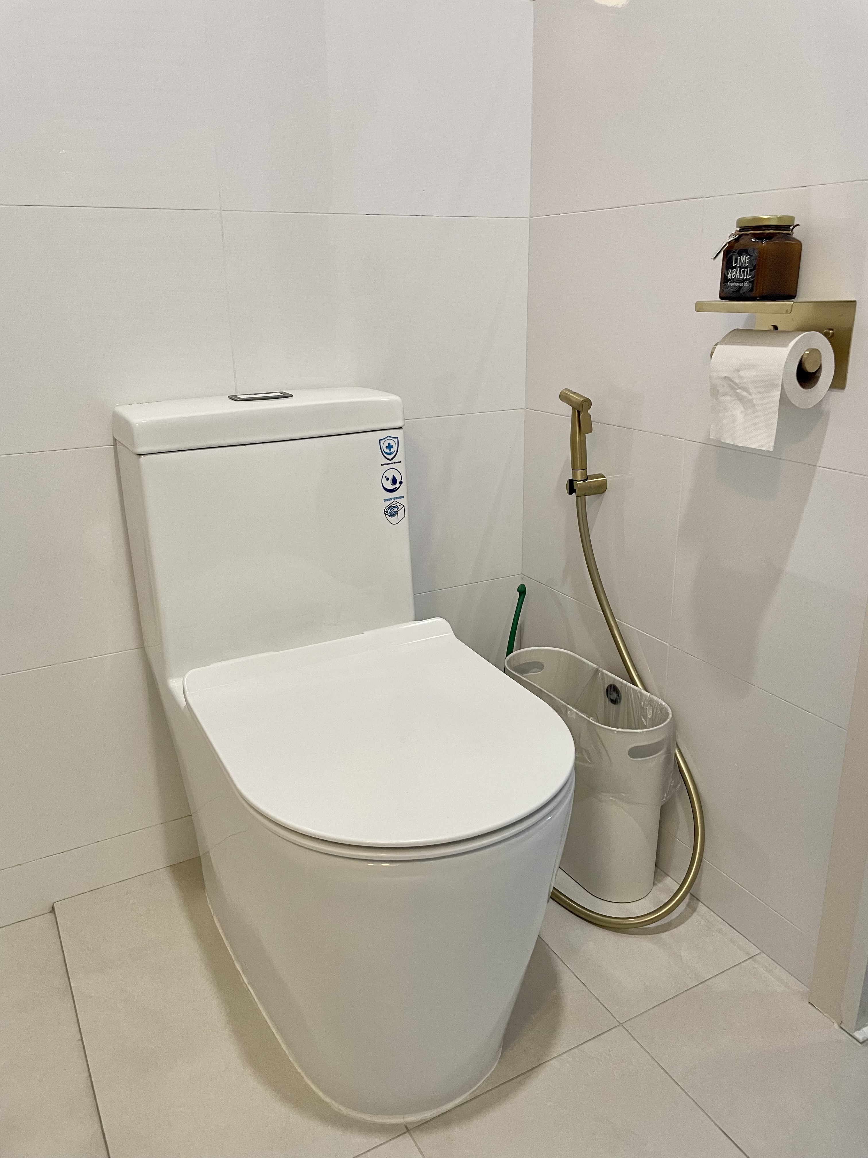 Dream Pink Bathroom without overlaying all walls - White toilet, modern bathroom, tiled walls, minimalist design, clean