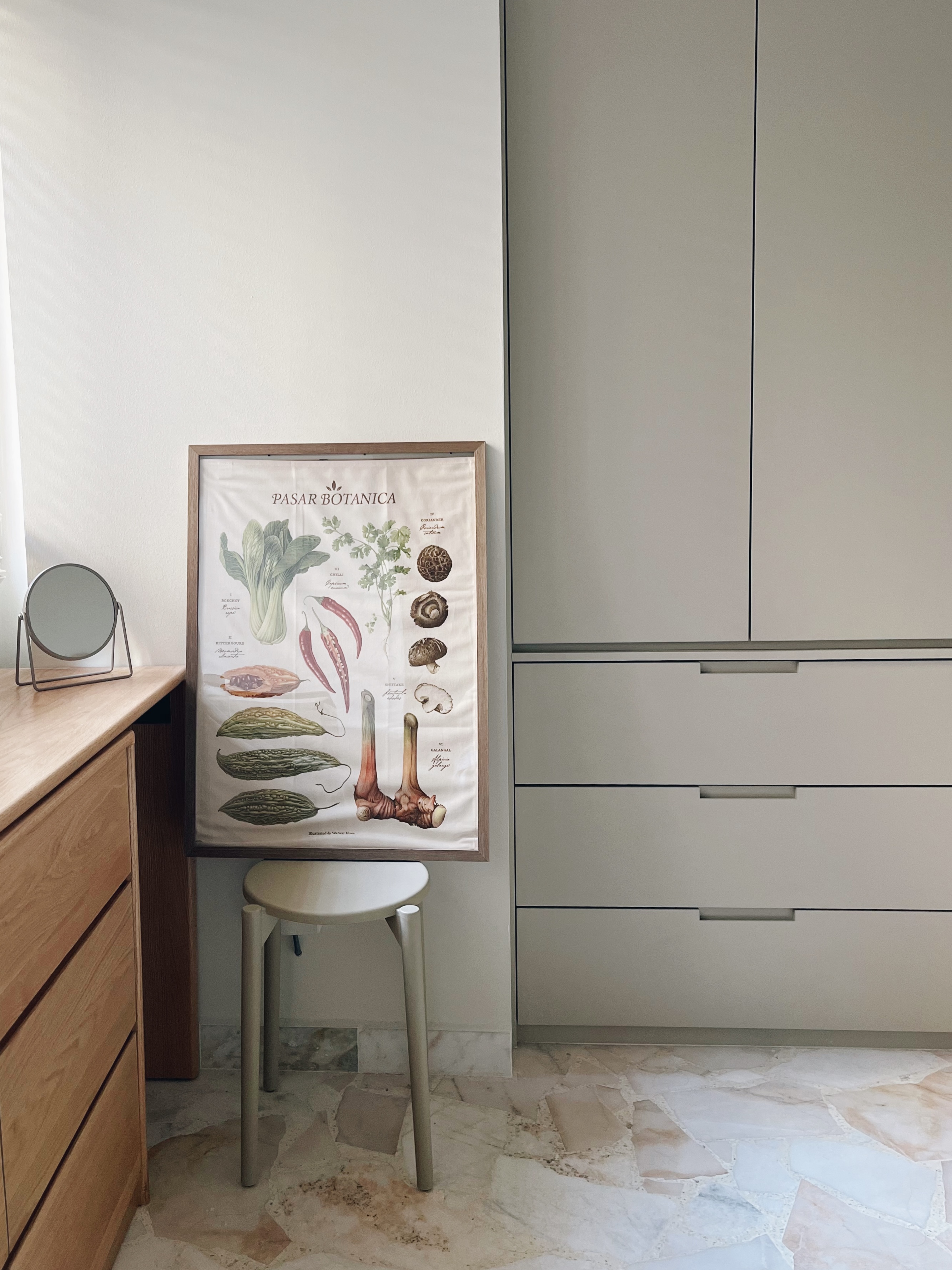 Building the snooziest nook with woody warm tones and greige lines - Framed botanical poster, "PASAR BOTANICA, " botanical