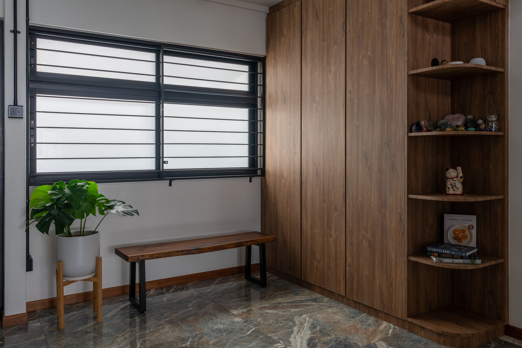 Getting Entry Out of the Way - Wooden cabinet, wooden shelf, wooden bench, wooden plant pot, wooden bench legs, wooden shelf