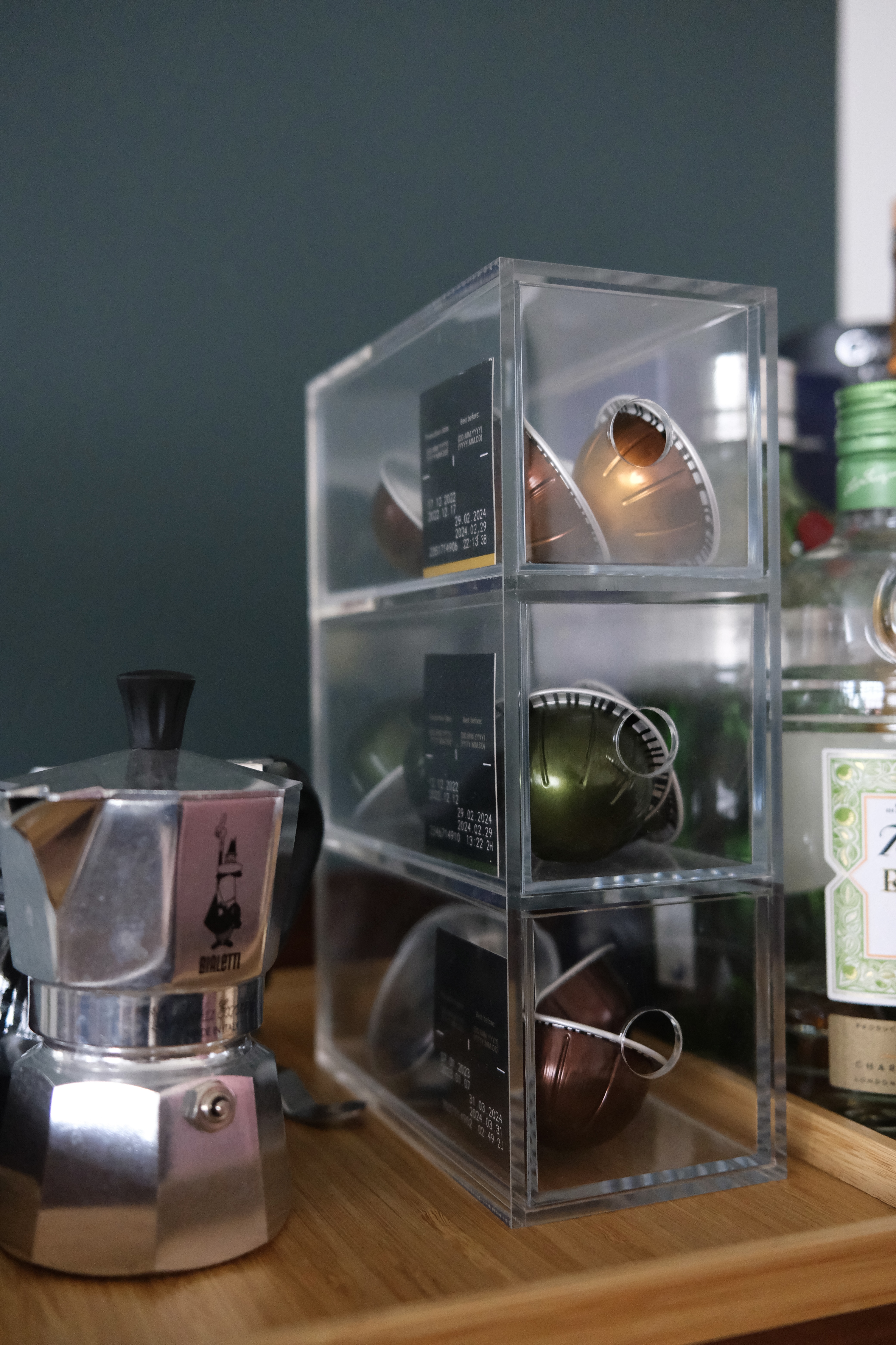 Keeping Our Open Kitchen Well Organised | Where we hide the unsightly - Clear glass coffee pot, stainless steel base, modern