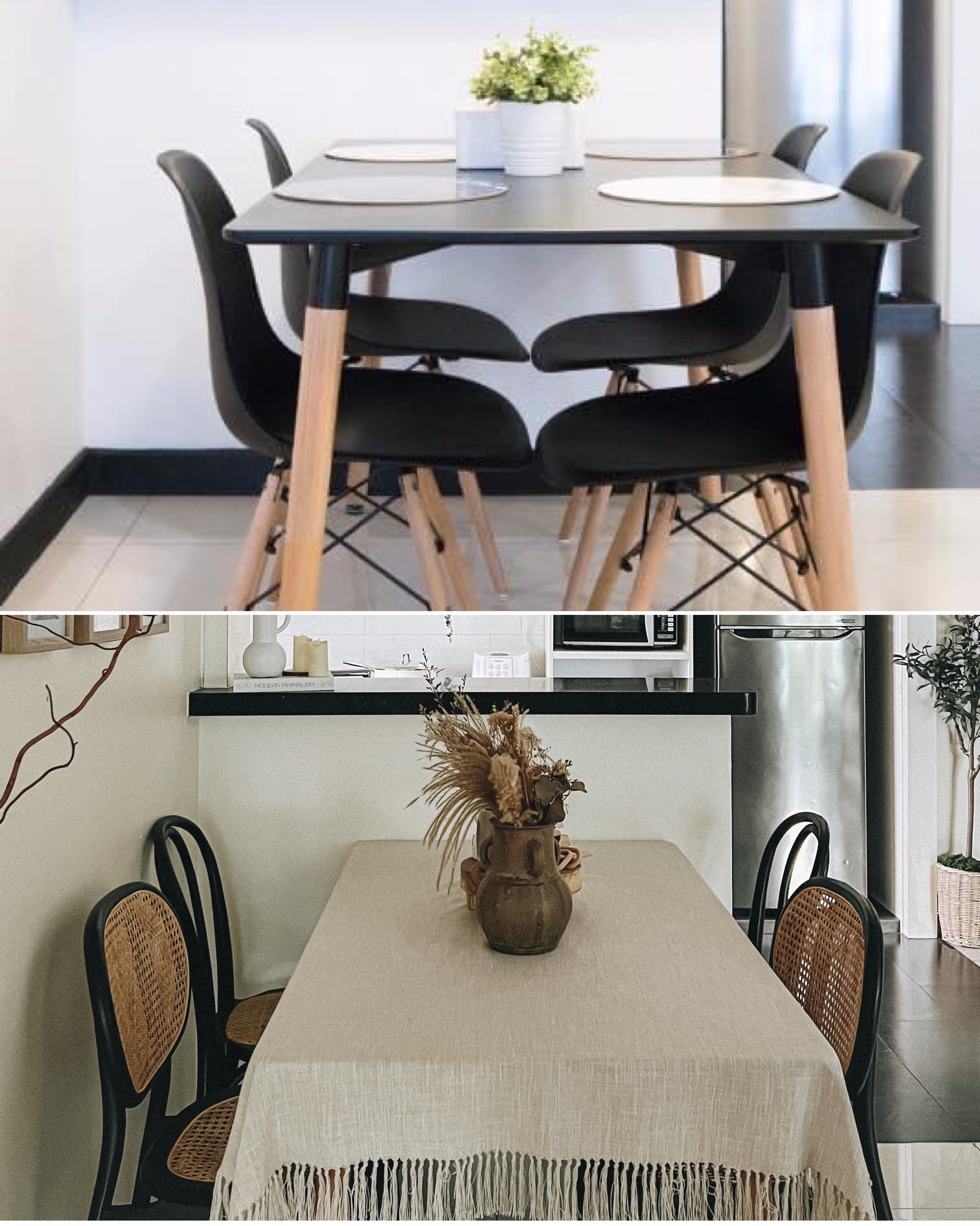 Check out the transformation of our dining area ! - modern dining room, minimalist design, black chairs, wooden legs, round