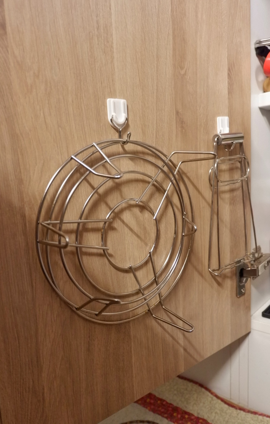 Kitchen organisation  - Wooden kitchen cabinet, metal wire rack, circular design, hanging rack, kitchen storage, kitchen