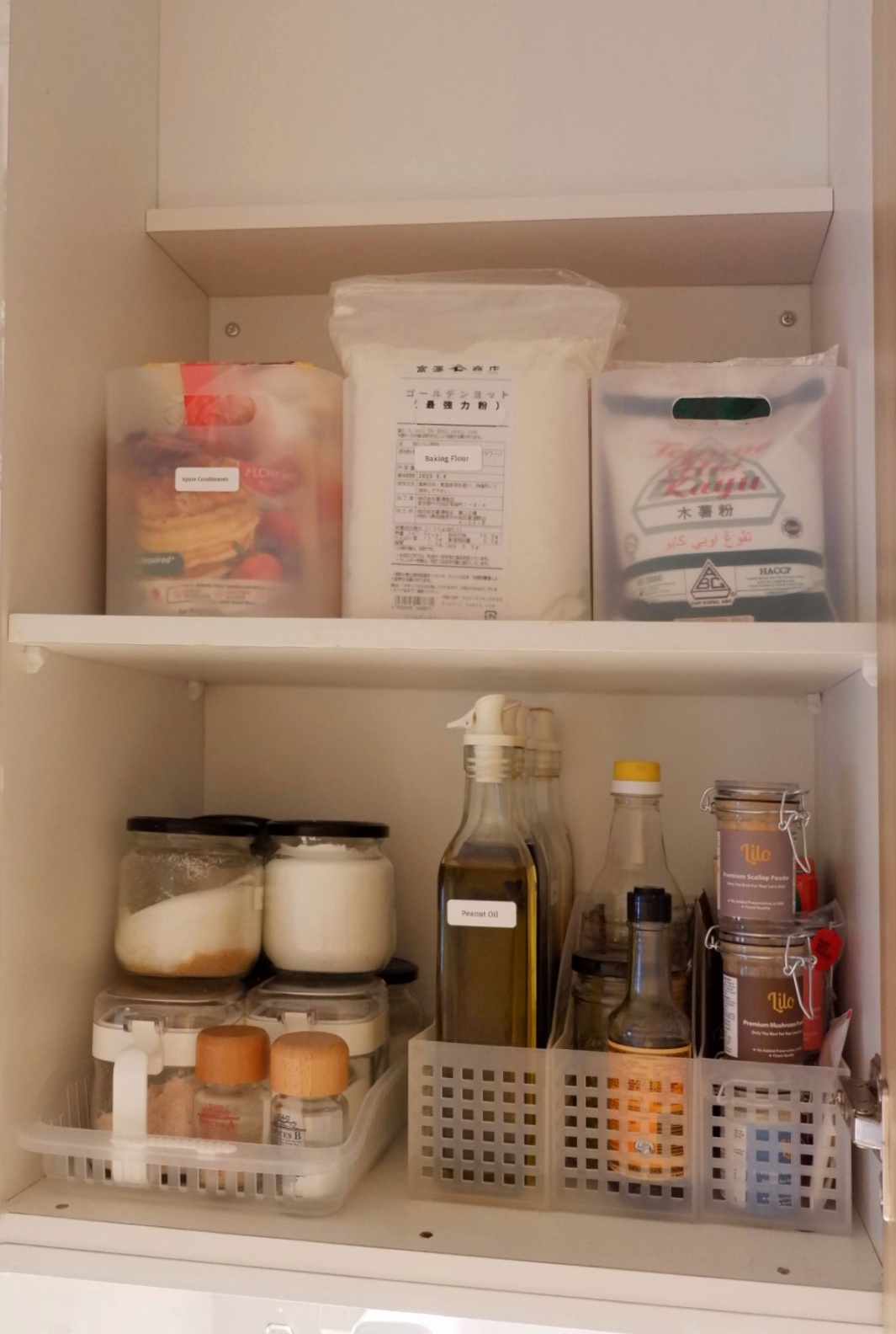 Kitchen organisation  - Organized pantry, kitchen shelves, food storage, meal prep, spices, cooking ingredients, kitchen