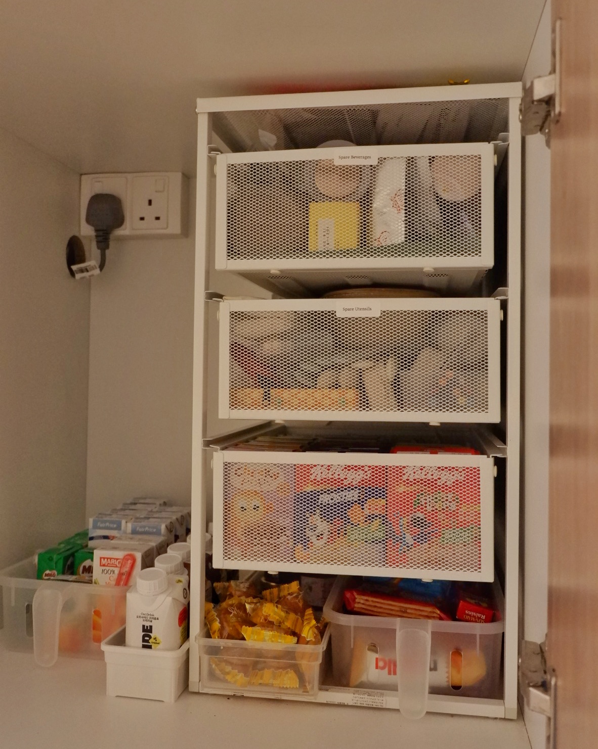 Kitchen organisation  - wire mesh, storage, bins, organized, shelves, drawers, compartments, labels, labels on boxes, labels
