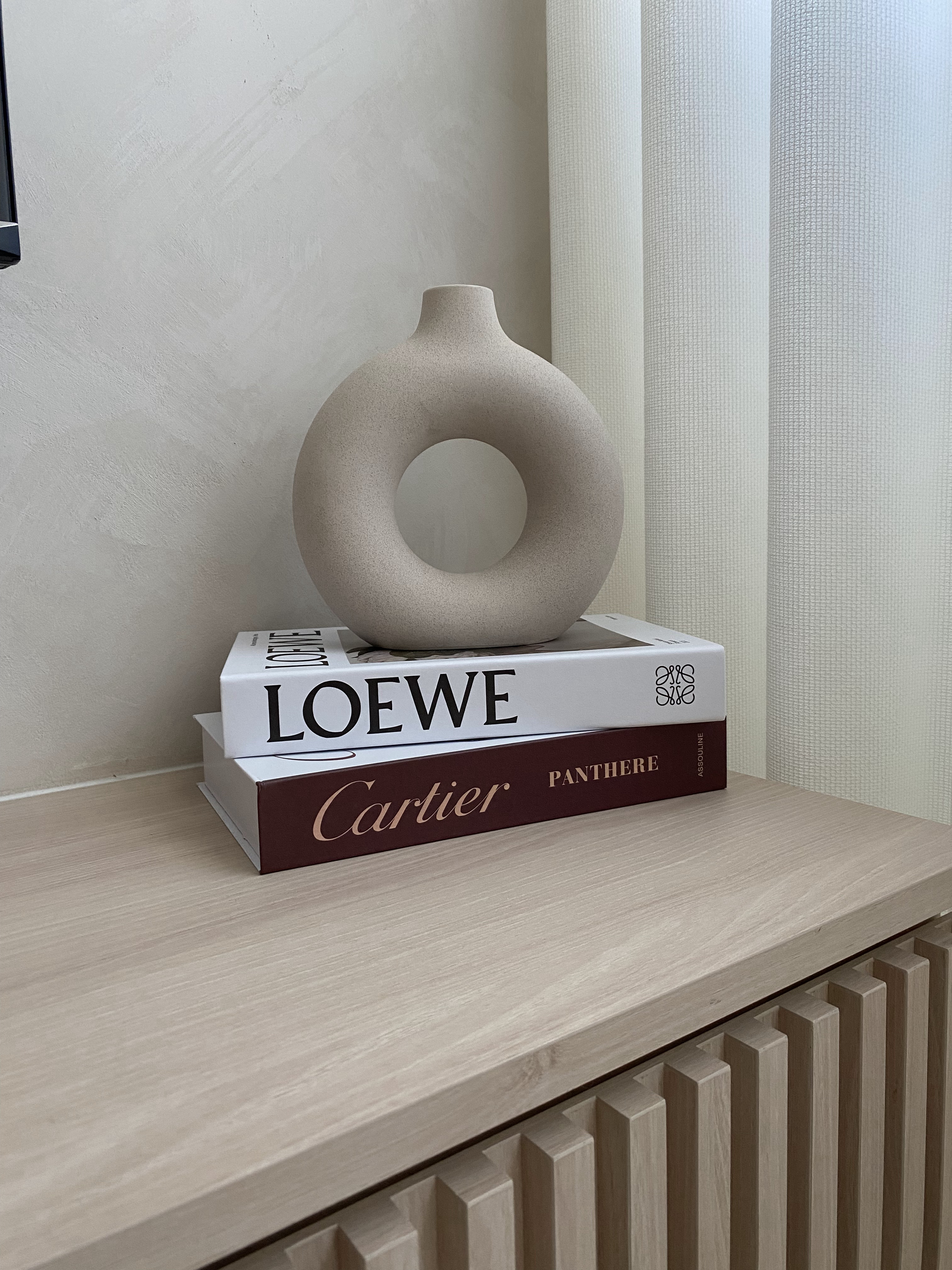 DIY Limewash TV Feature Wall - modern minimalist decor, textured wall, light beige color, geometric vase, sculptural art