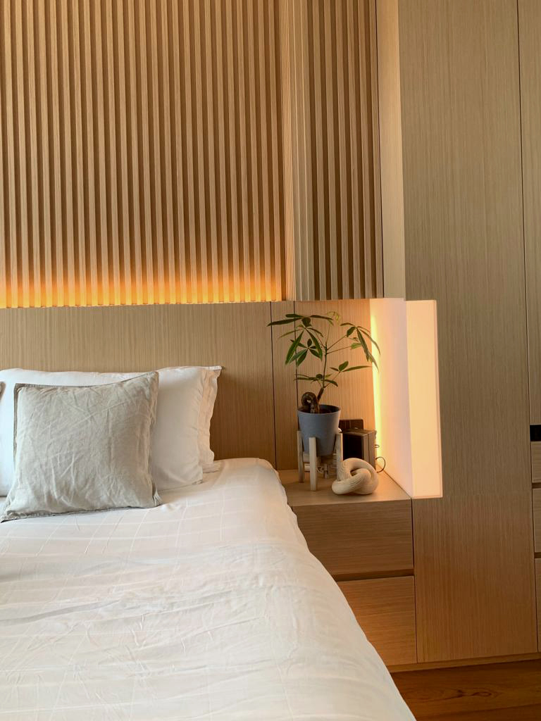 Japanese Inspired Interior | Re-create Japanese room in our HDB - Wooden wall paneling, vertical slats, warm lighting