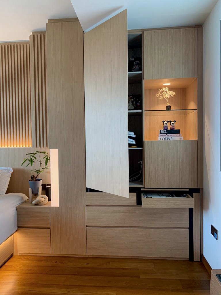 Japanese Inspired Interior | Re-create Japanese room in our HDB - Wooden wardrobe with open doors, minimalist design