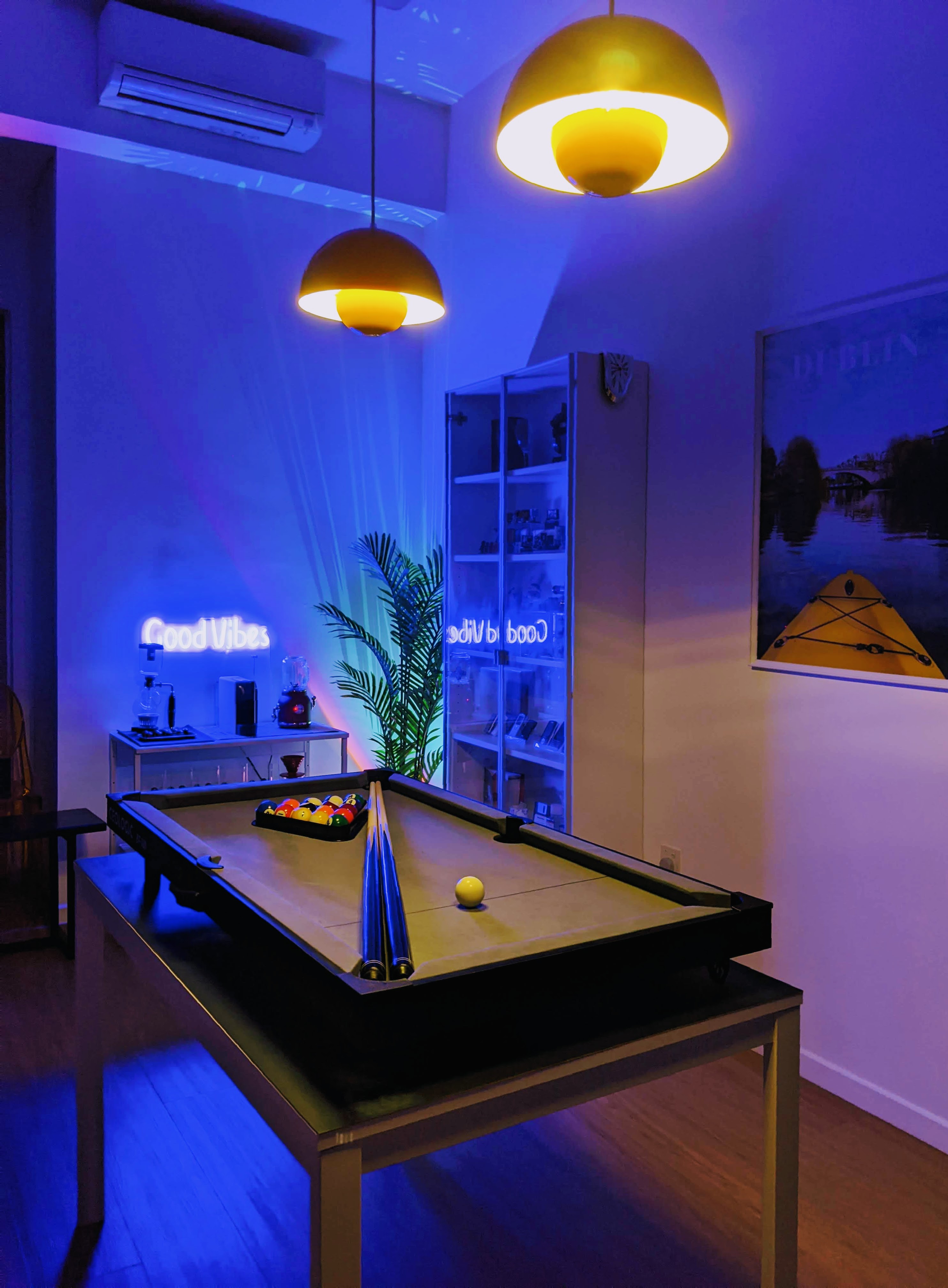 Our Dining Space In The Day, Mini Pool Parlour At Night! - Blue-lit room, pool table, pool balls, neon lights, pool cue, pool
