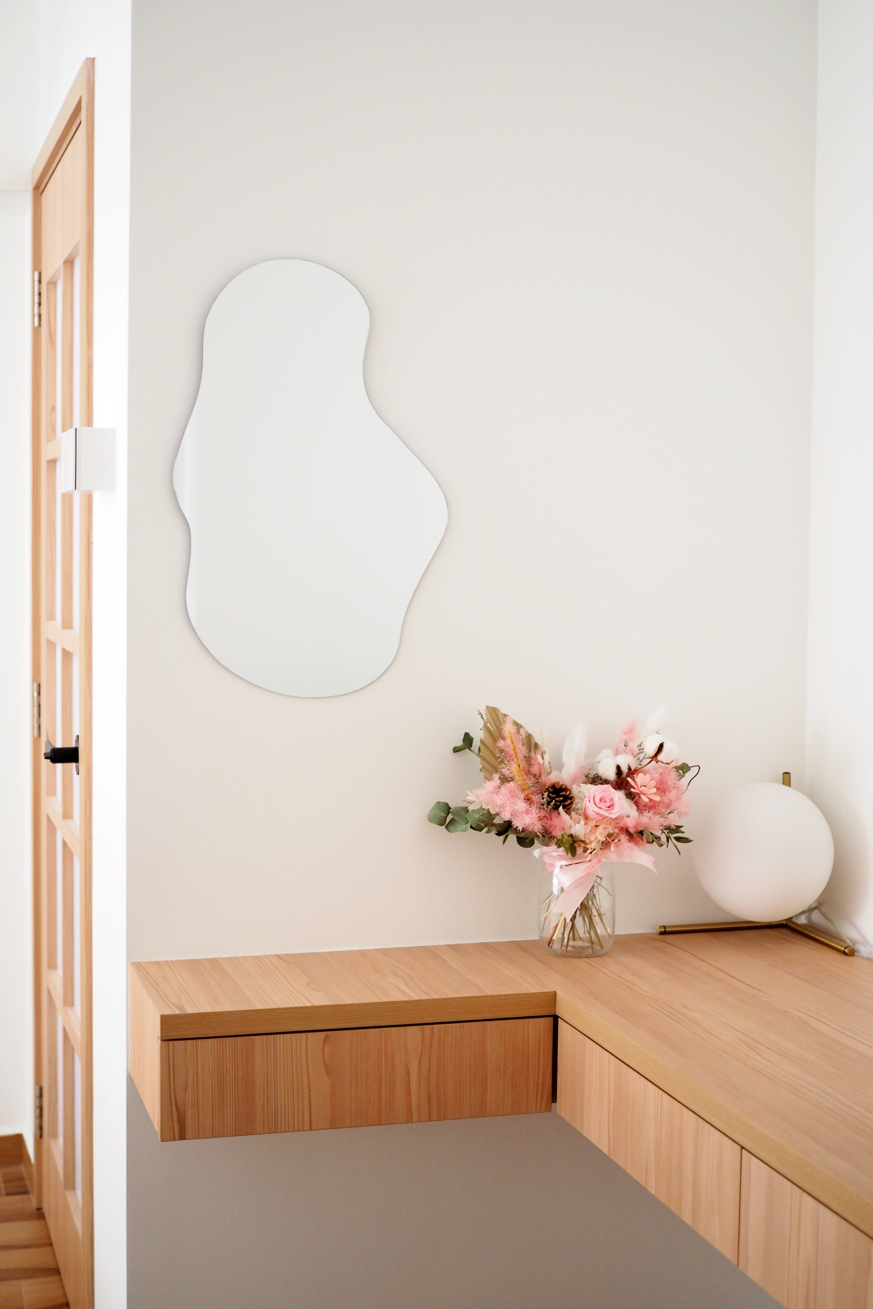 Tranquility in Our Master Bedroom  - Modern minimalist interior, white wall with abstract art, wooden door frame, floating