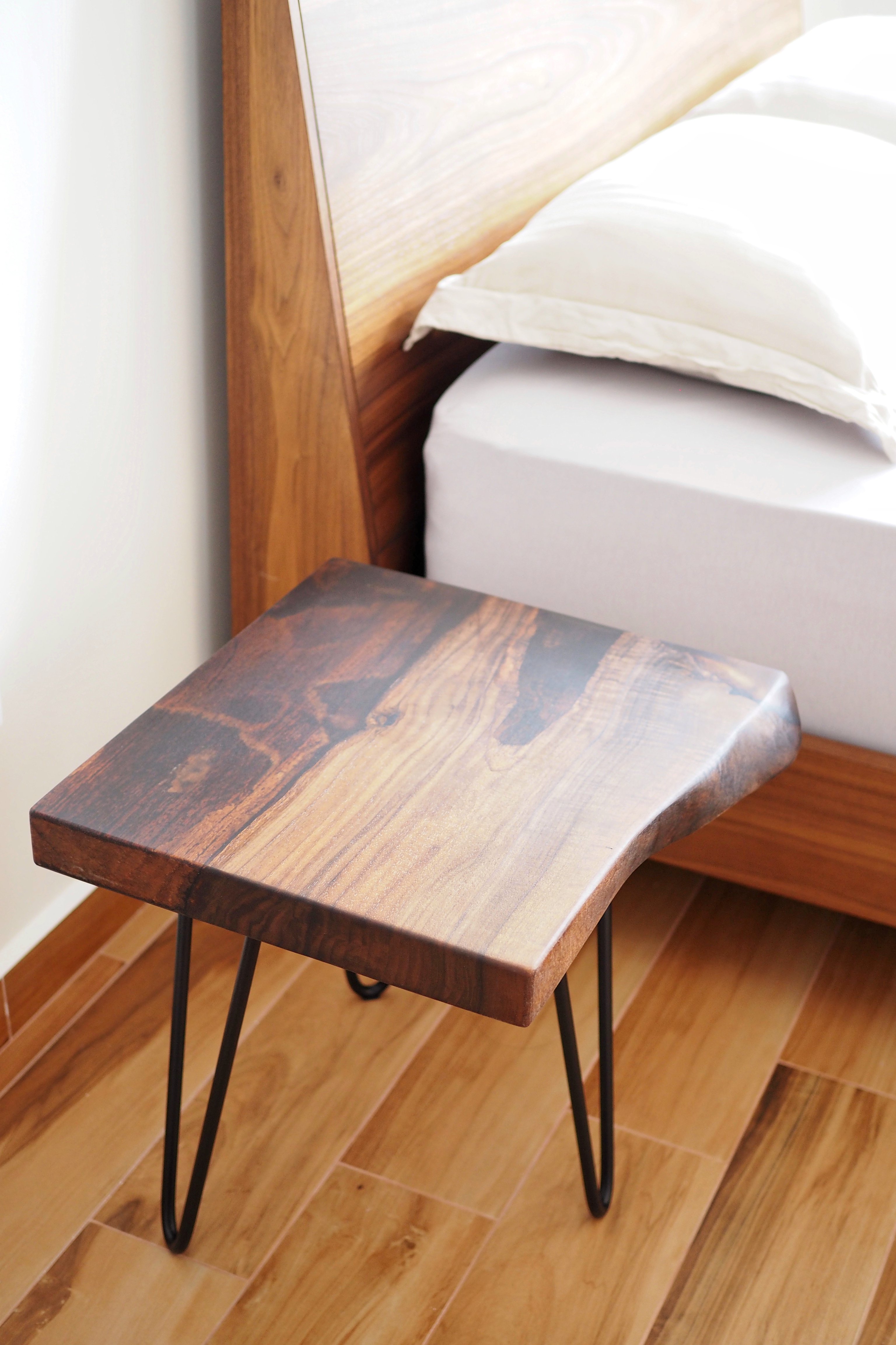 Tranquility in Our Master Bedroom  - Wooden bedside table, modern design, wooden texture, dark brown finish, metal legs