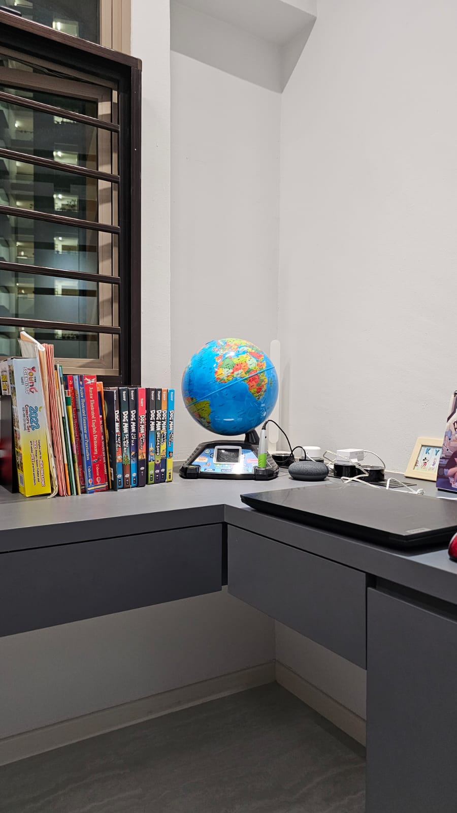 Chic Simplicity: Tranquil Beauty of Grey and White - desk, study, workspace, bookshelf, globe, books, technology, laptop