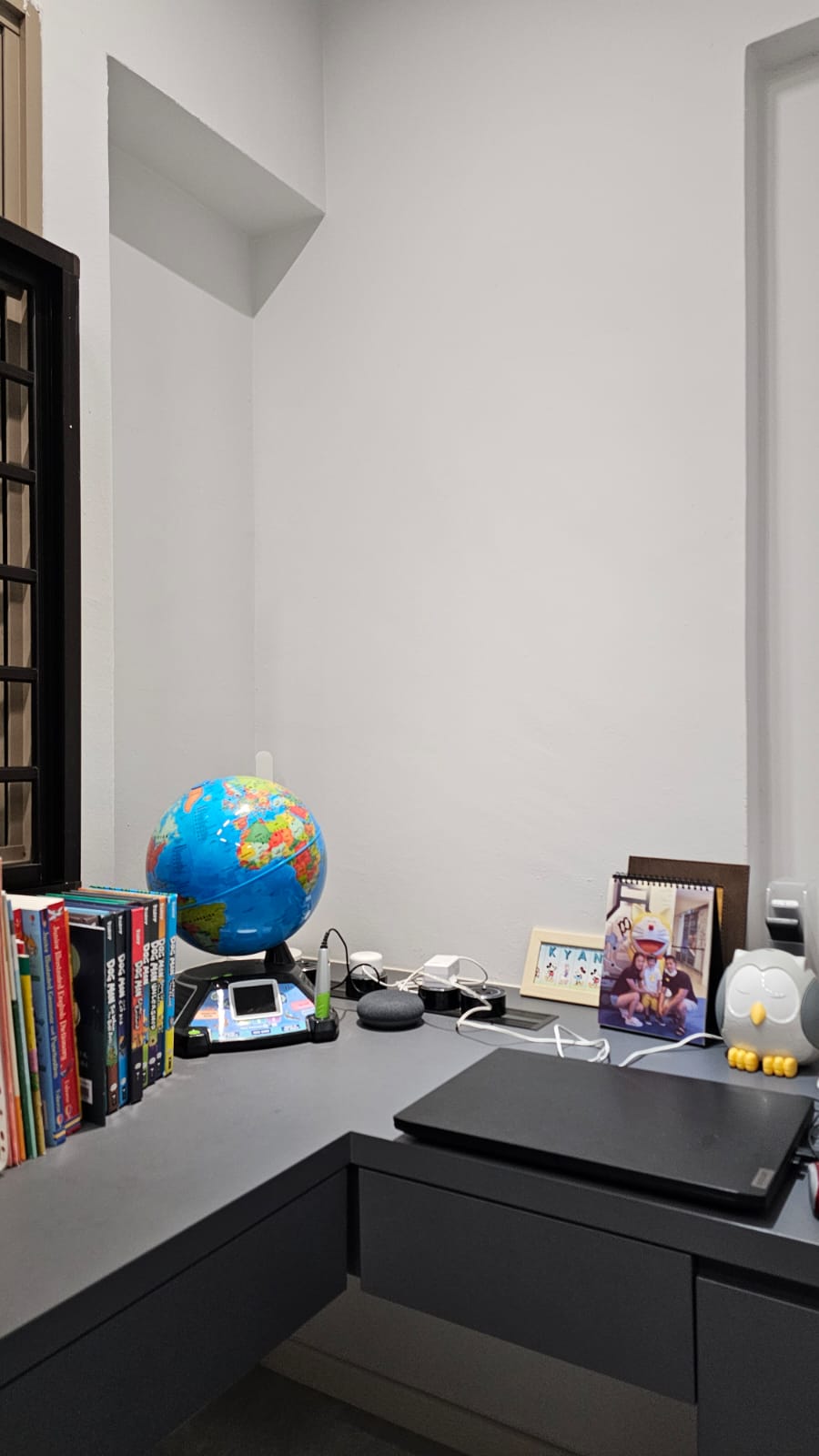 Chic Simplicity: Tranquil Beauty of Grey and White - desk, study, office, bookshelf, globe, globe on desk, globe with