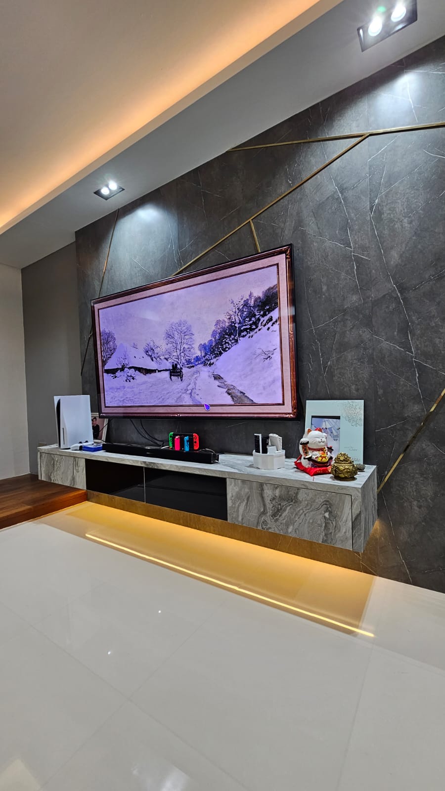 Chic Simplicity: Tranquil Beauty of Grey and White - Modern living room, sleek entertainment center, large wall-mounted TV