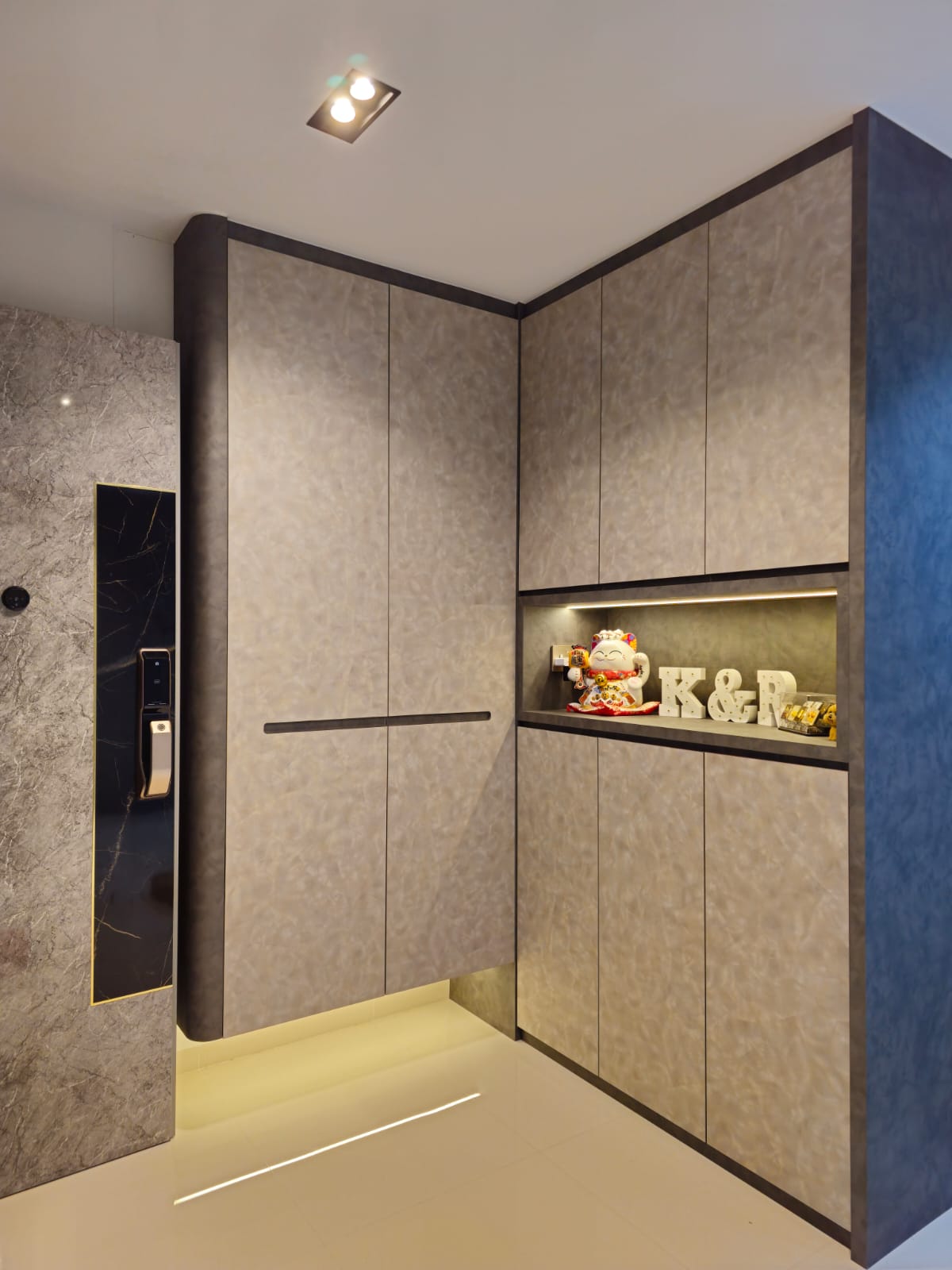 Chic Simplicity: Tranquil Beauty of Grey and White - Modern kitchen cabinetry, sleek design, marble backsplash, gold accents