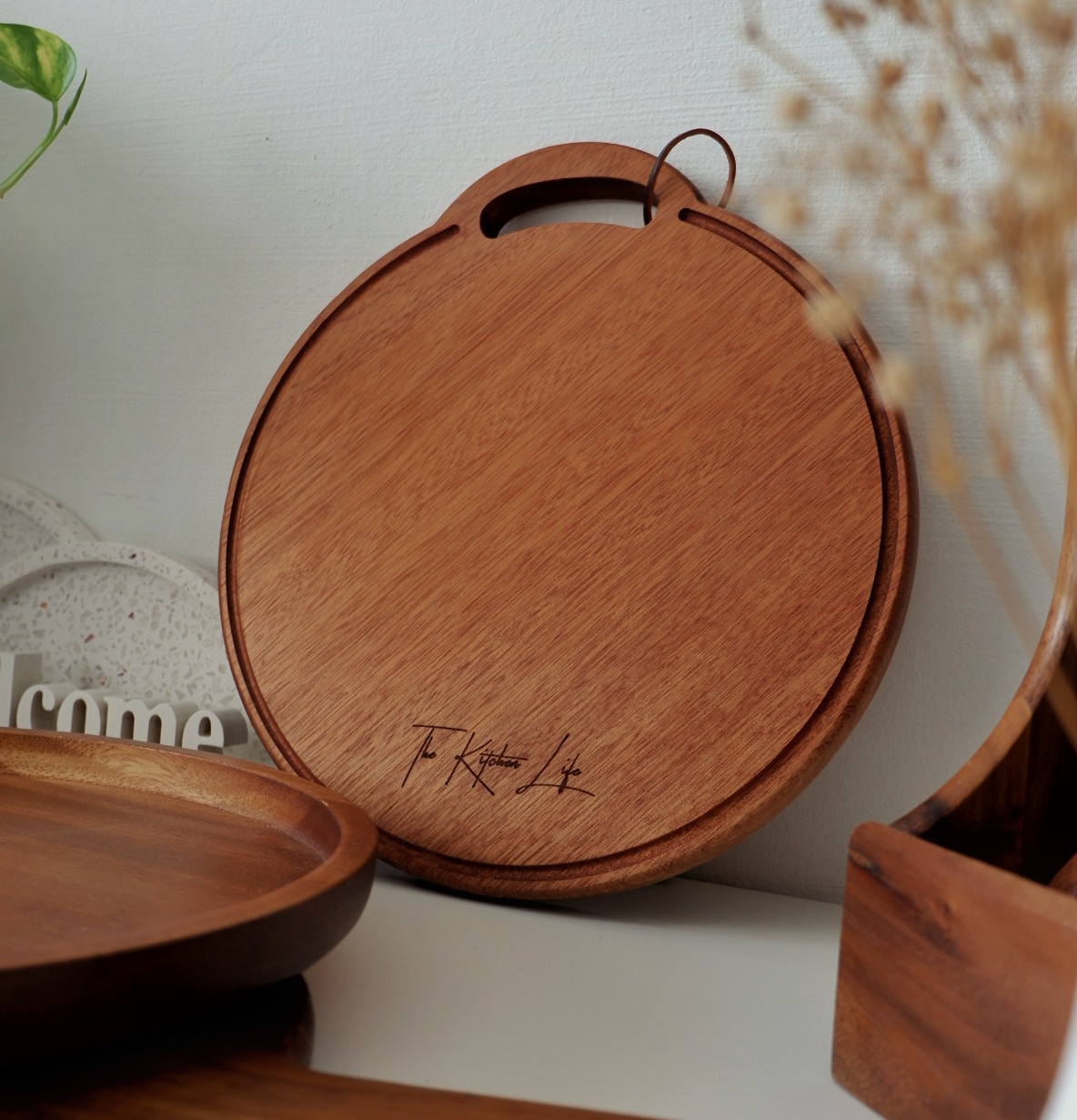 Our Home collections - Wooden round tray, elegant design, minimalist style, natural wood finish, engraved signature, home