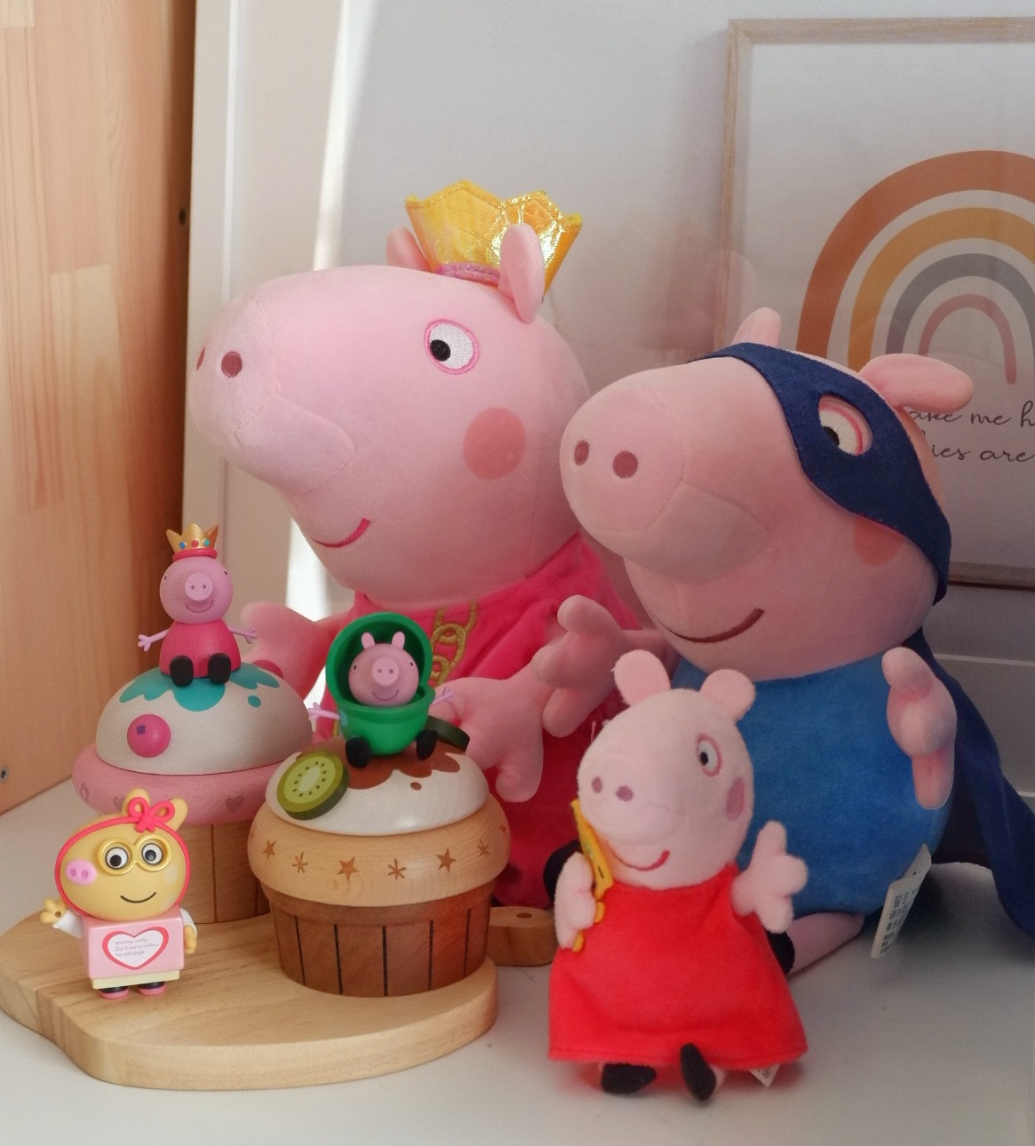 Our Home collections - Peppa Pig plush toys, pink pig princess, crown on pig, colorful cupcakes, pig in blue dress, pig in