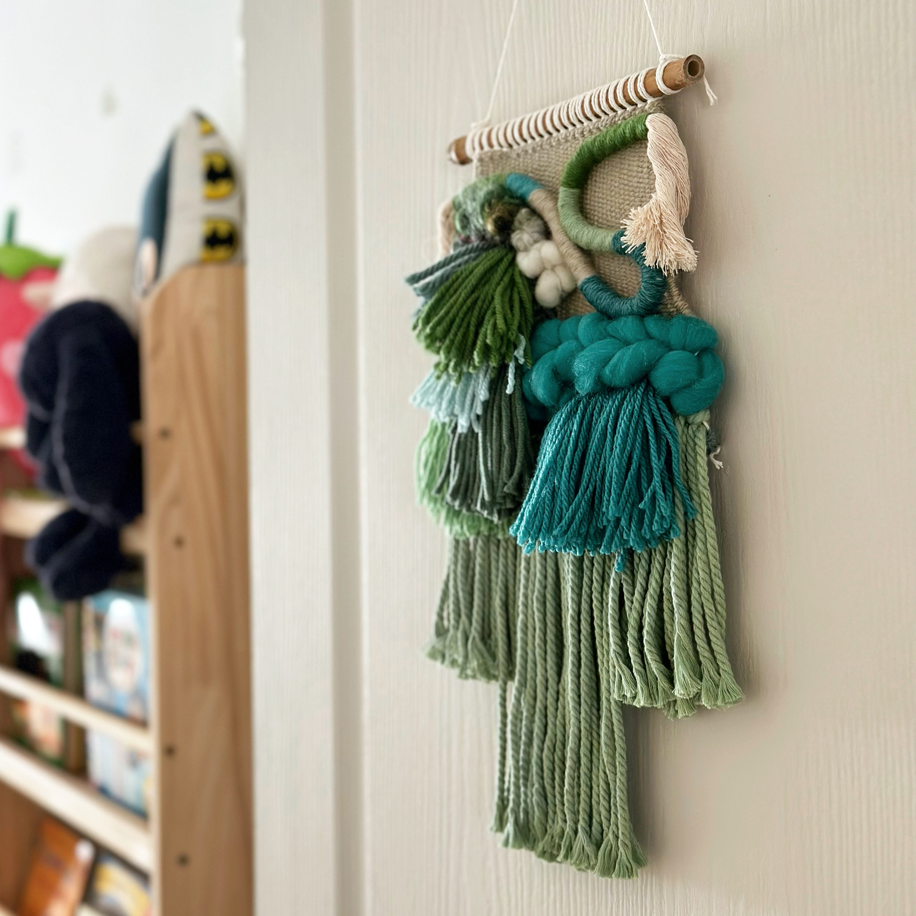 Playroom / Bedroom - green yarn hanging, knitted fabric, colorful decorations, handmade wall hanging, rustic charm, cozy