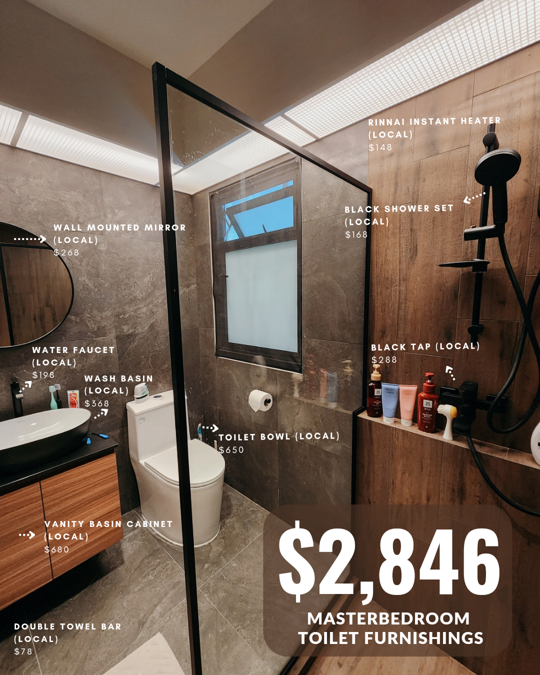 $10k reno for our toilets? Totally worth it!  - Instant heater, wall-mounted mirror, black shower set, black tap, vanity