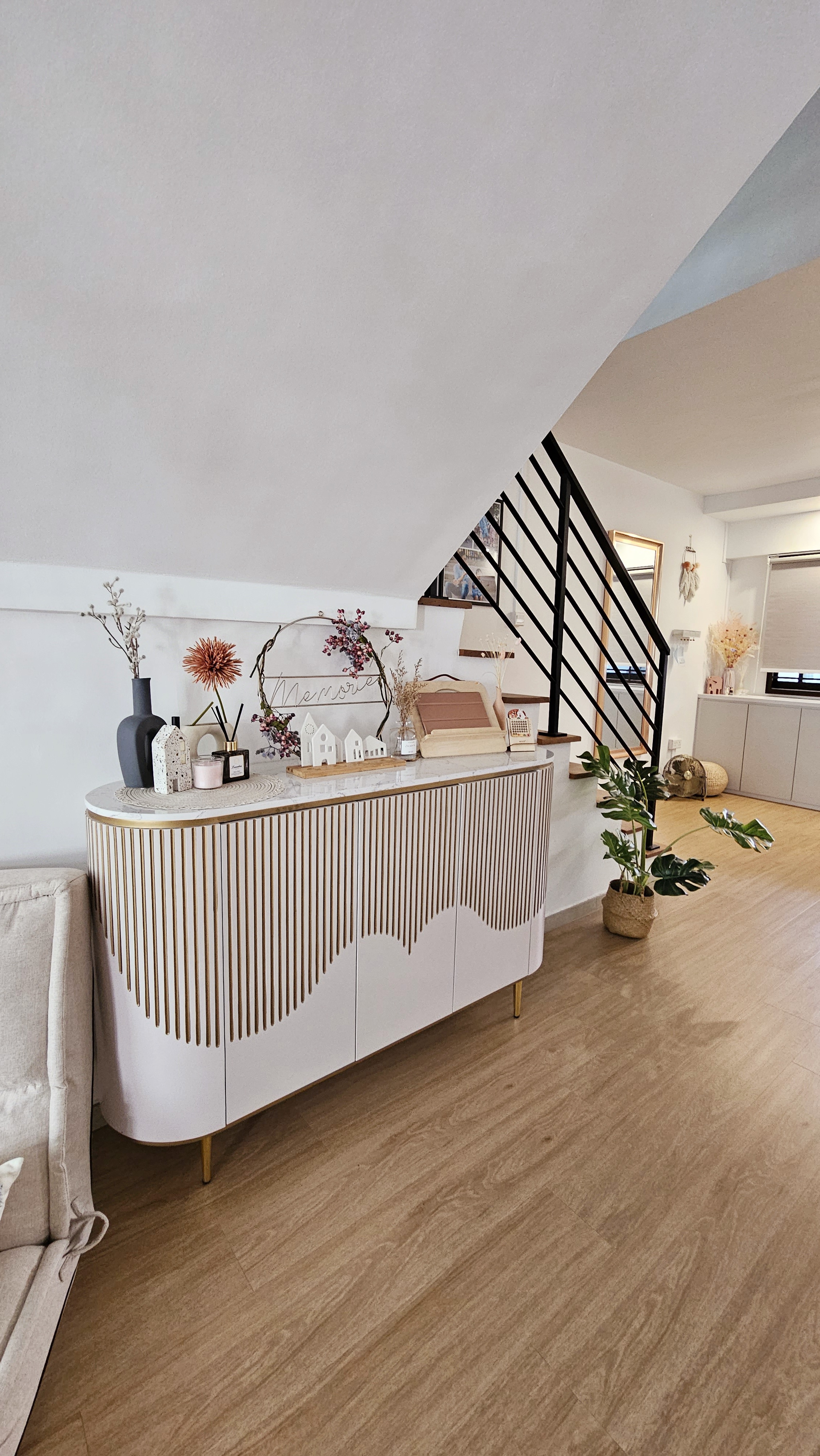 Entryway...or not? - modern living room, minimalist decor, contemporary furniture, white and gold color scheme, wooden floor