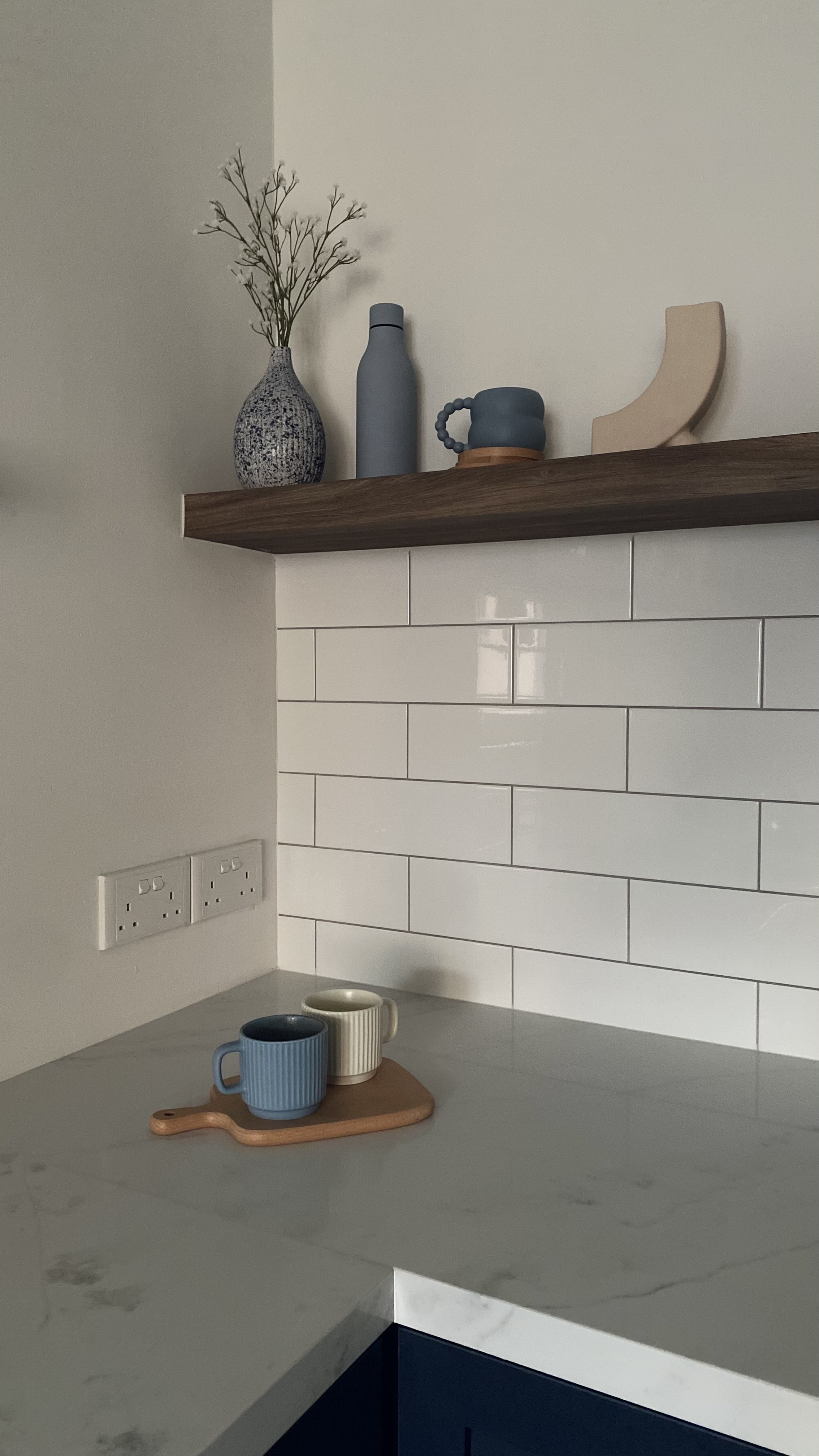 Step into our dwelling - a mixture of styles!  - modern kitchen countertop, minimalist design, white tiled backsplash, wooden