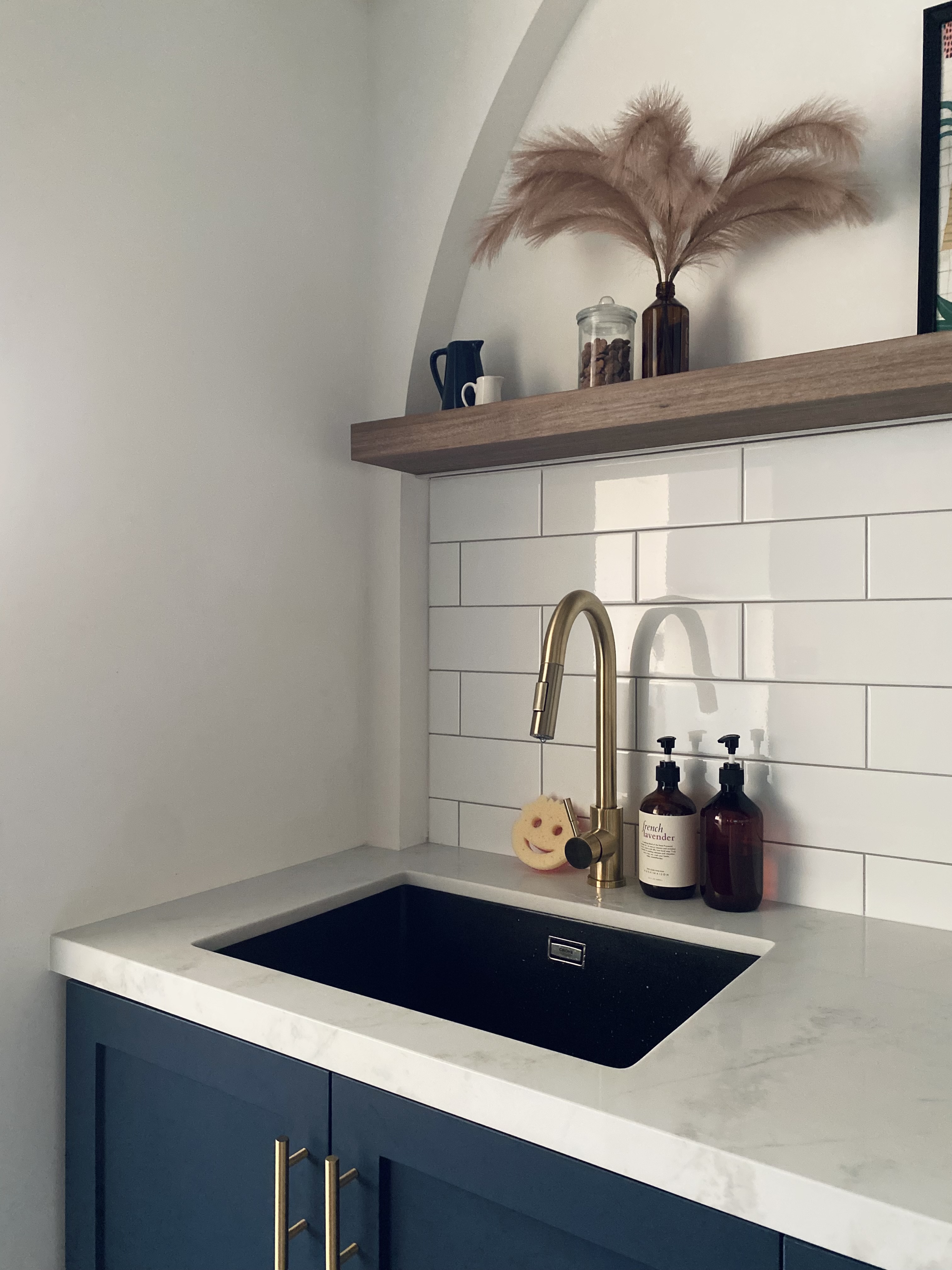 Step into our dwelling - a mixture of styles!  - modern kitchen sink, minimalist design, white tiled backsplash, marble