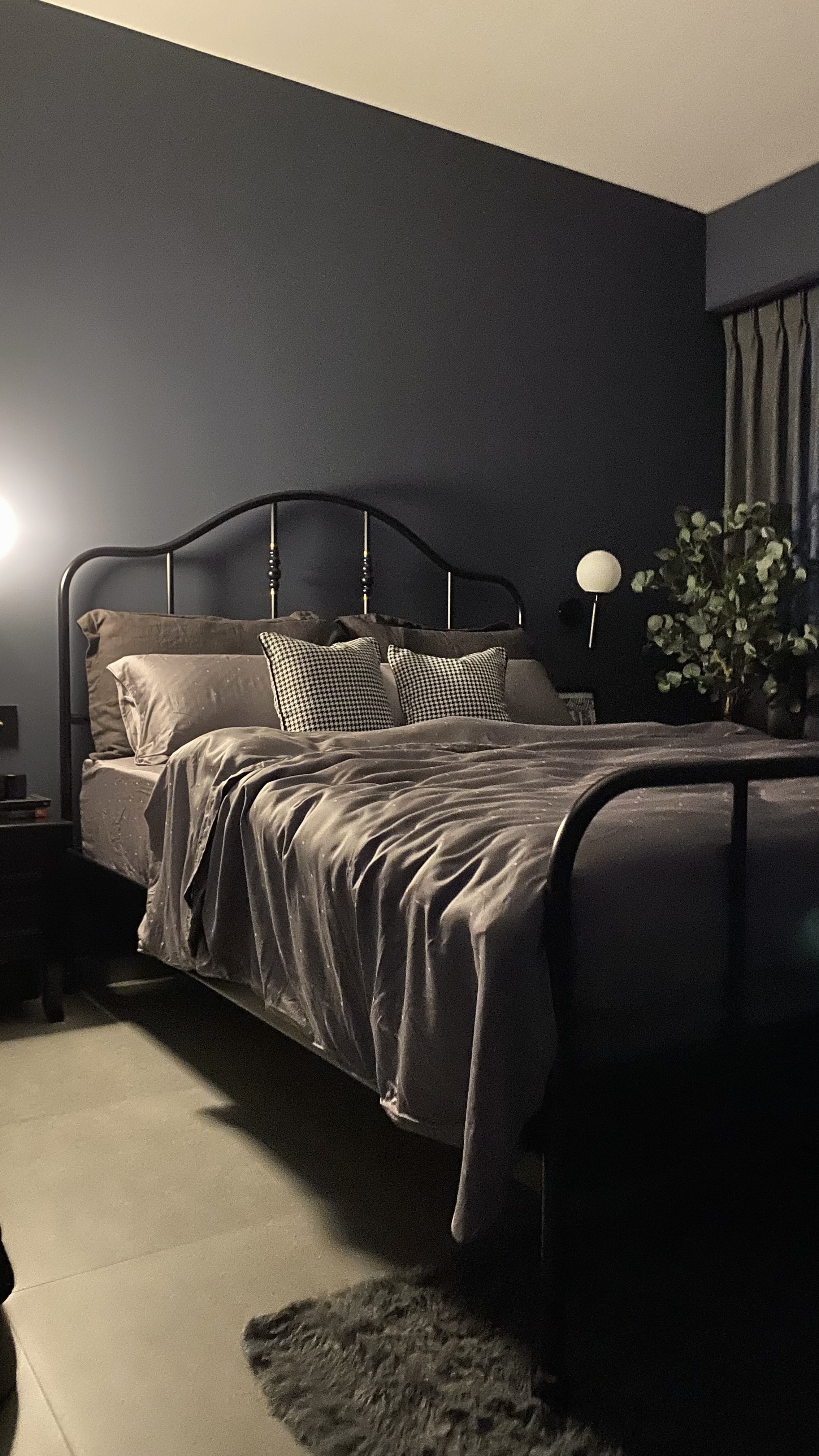 Step into our dwelling - a mixture of styles!  - Dark gray, modern bedroom, cozy bed, plush bedding, dark wood headboard