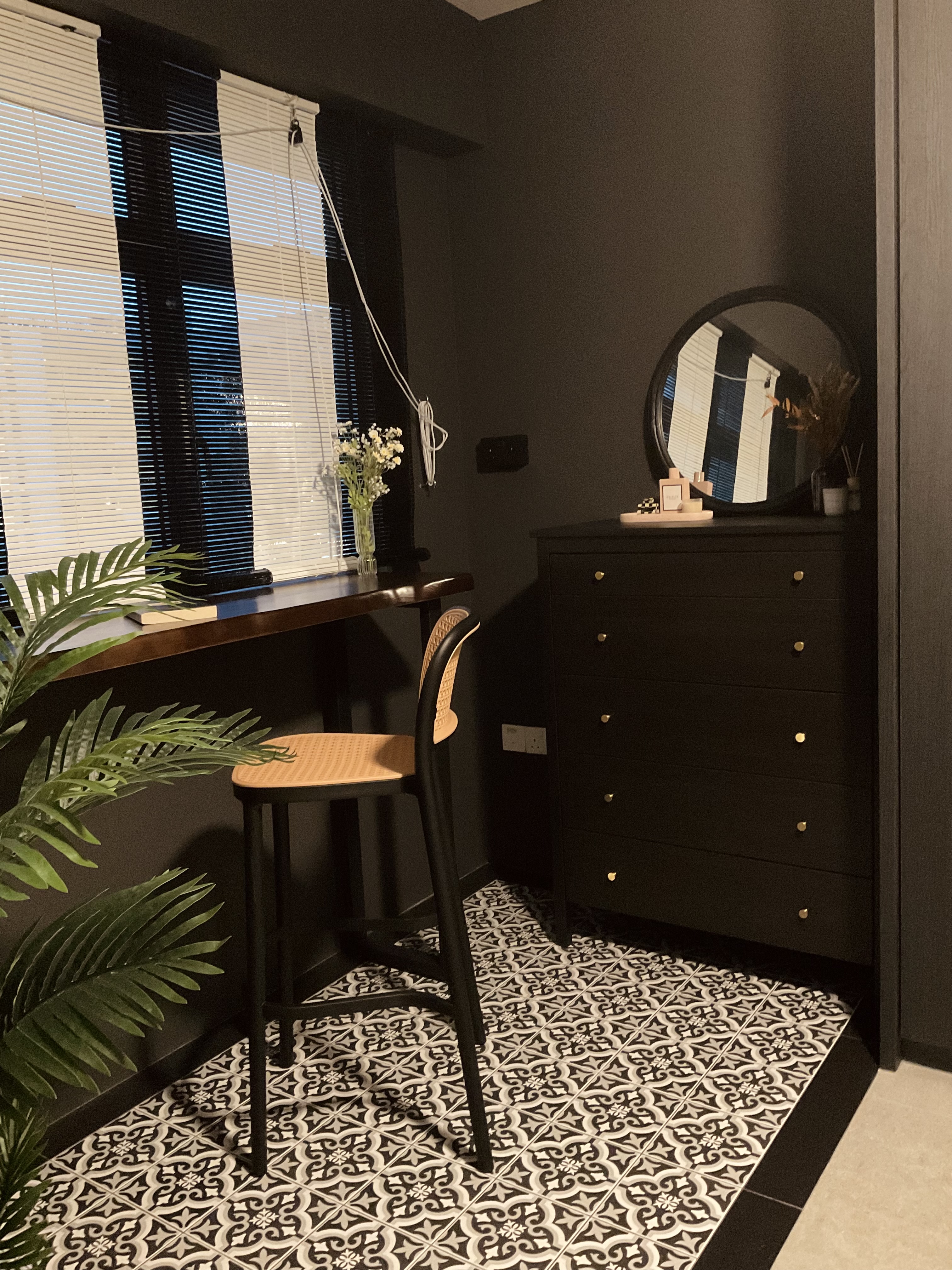 Step into our dwelling - a mixture of styles!  - black vanity, modern design, stylish furniture, black and white patterned