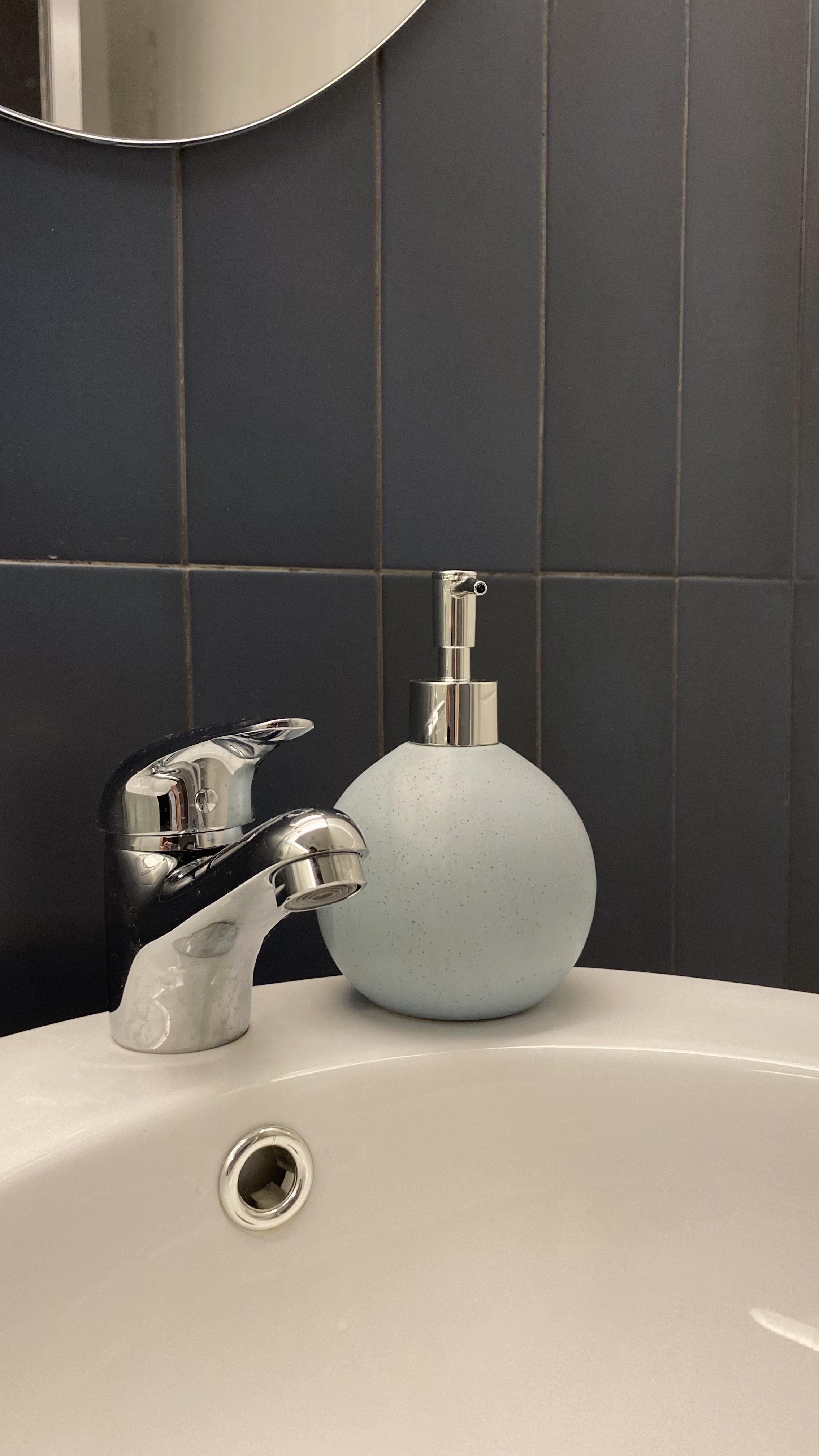 Step into our dwelling - a mixture of styles!  - Modern bathroom sink, sleek faucet, chrome faucet handle, light blue soap