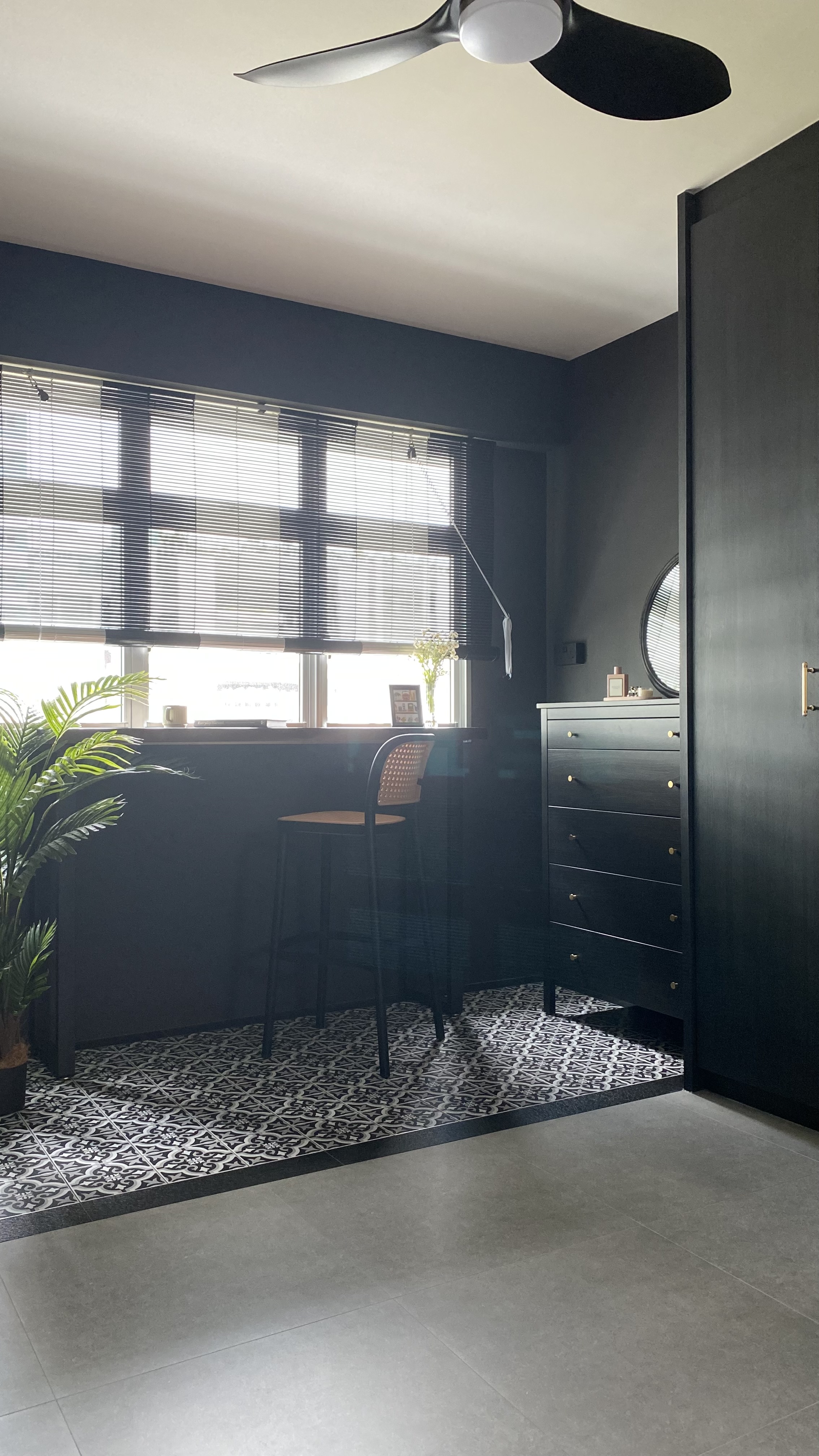 Step into our dwelling - a mixture of styles!  - modern minimalist bedroom, sleek black vanity, large window with blinds