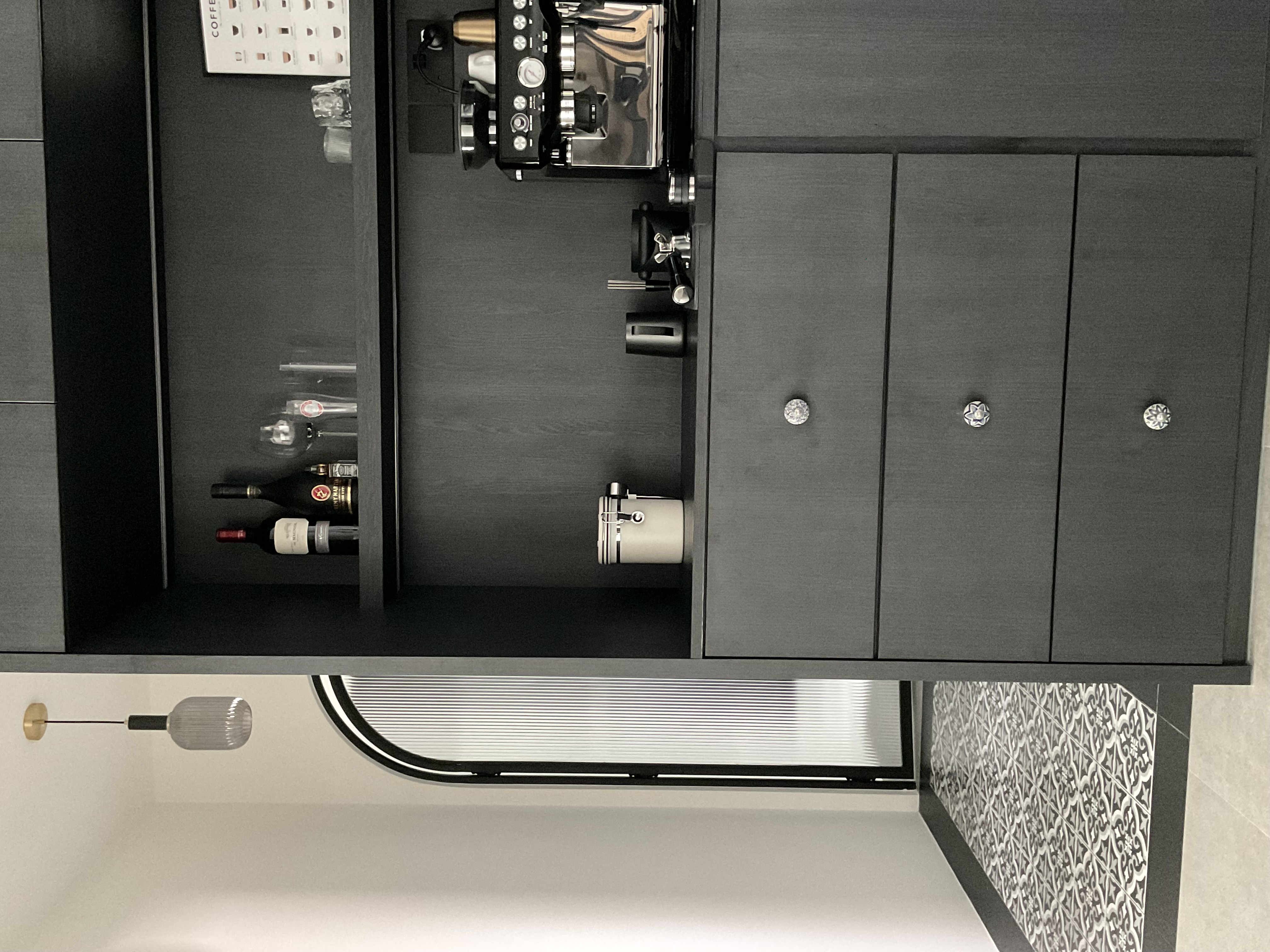 Step into our dwelling - a mixture of styles!  - Dark gray kitchen cabinets, sleek design, modern decor, minimalist style