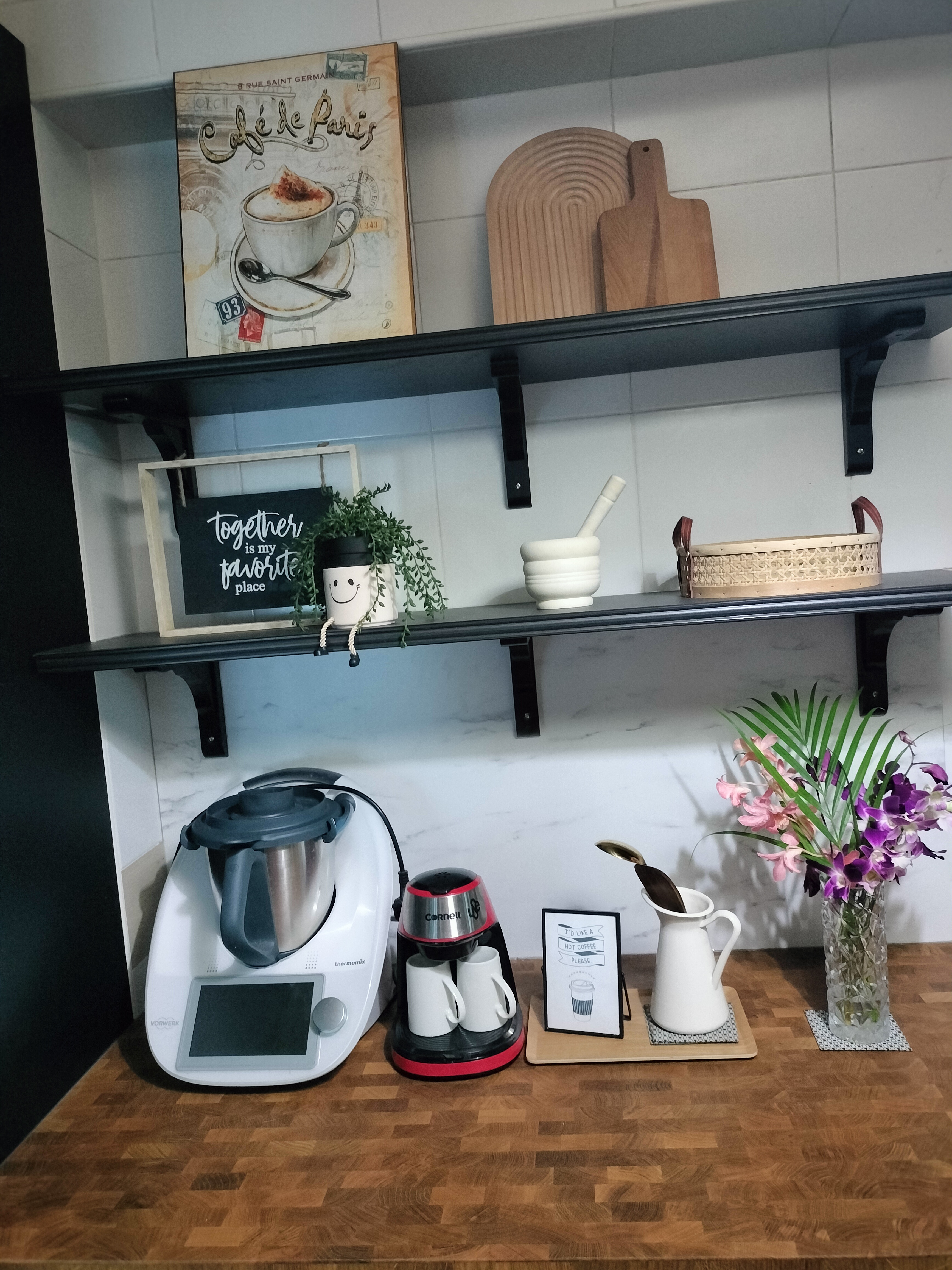 #SGhomestories - Thekilabrets haven👋 - coffee maker, white kettle, thermomix, coffee machine, white ceramic mug, black and