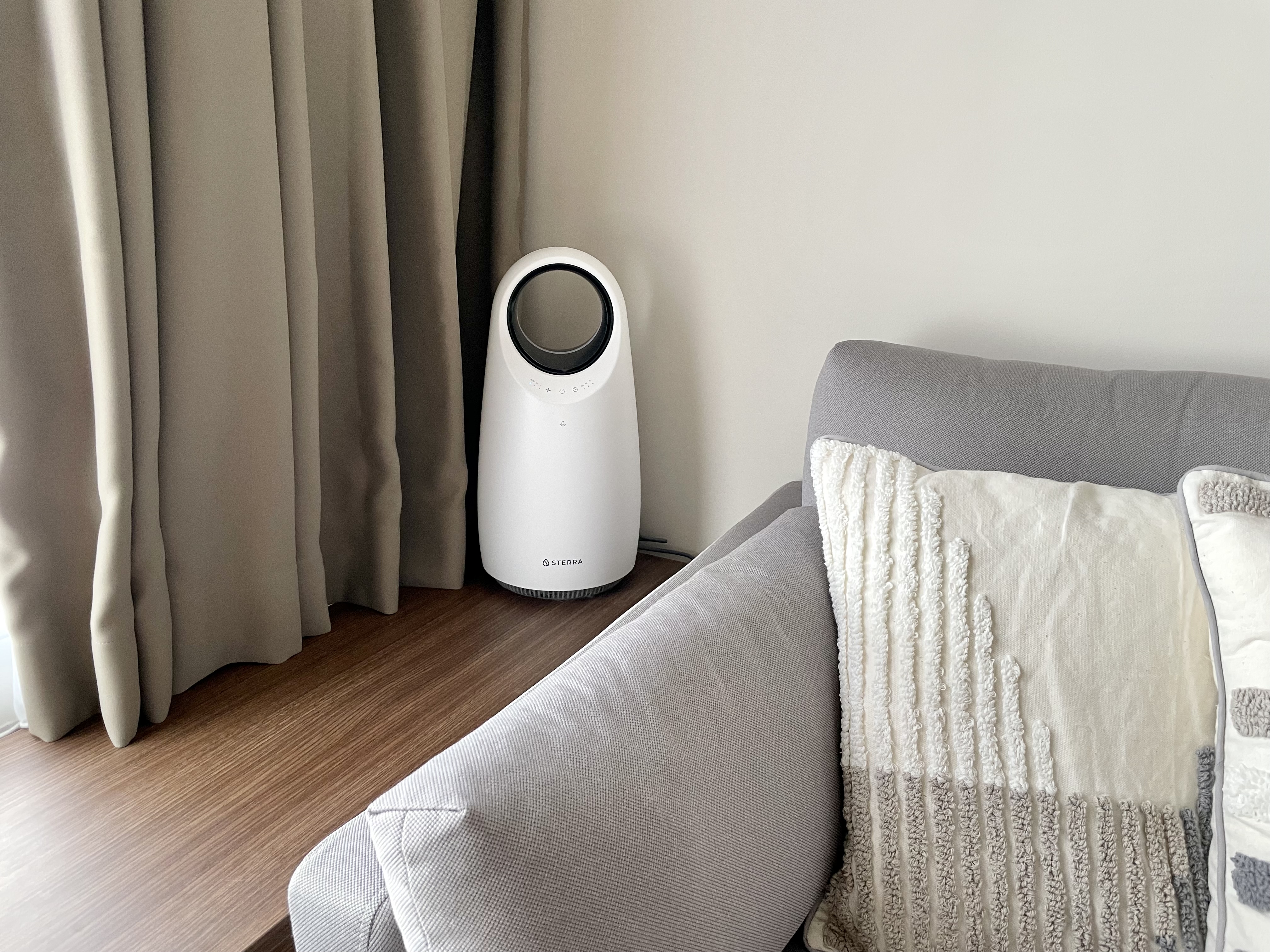 Curves, Wood and Greys in Living Room  - Air purification device, white cylindrical model, modern design, cozy living room
