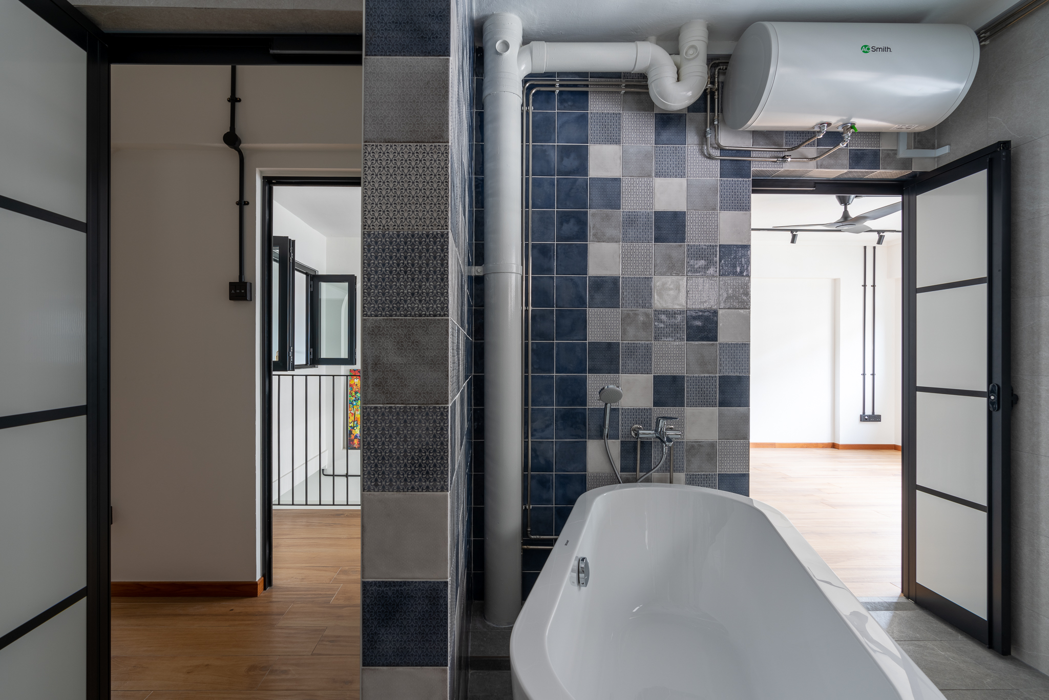 Supersizing Our Bathroom - Modern bathroom interior, contemporary design, stylish fixtures, blue and gray tiles, white