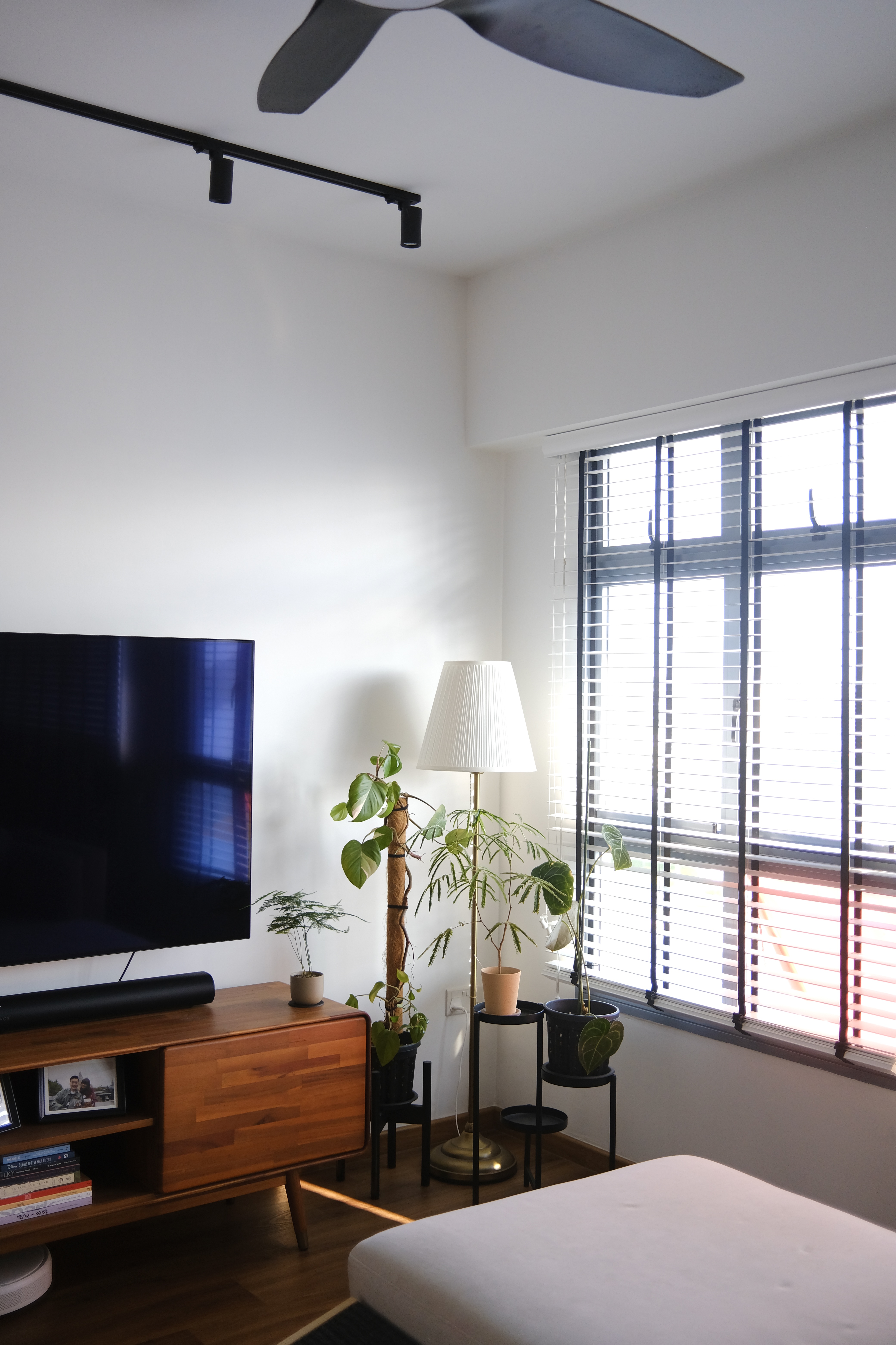 Adding Greens | Where we add the small touches - Modern living room with large flat-screen TV, wooden entertainment center