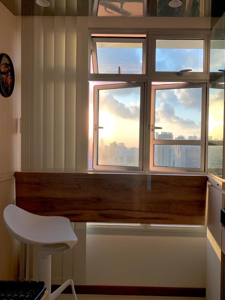 Our Cozy Home Office With Bar Counter | Japanese Inspired Interior - Sunset view from high-rise window, cityscape in the