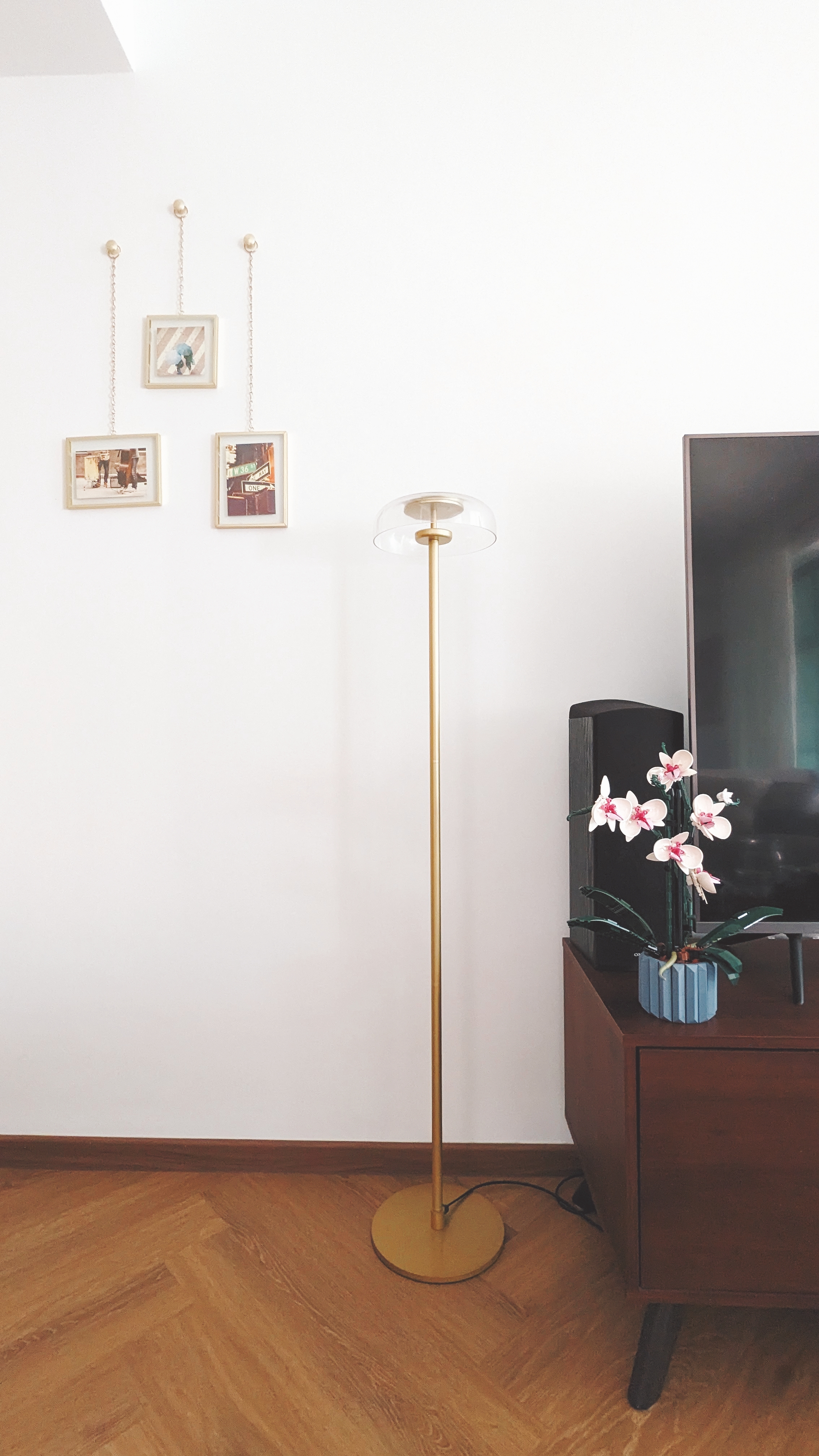 Walk about our quirky, catto-loving space. - White wall with three framed pictures, gold floor lamp with transparent shade