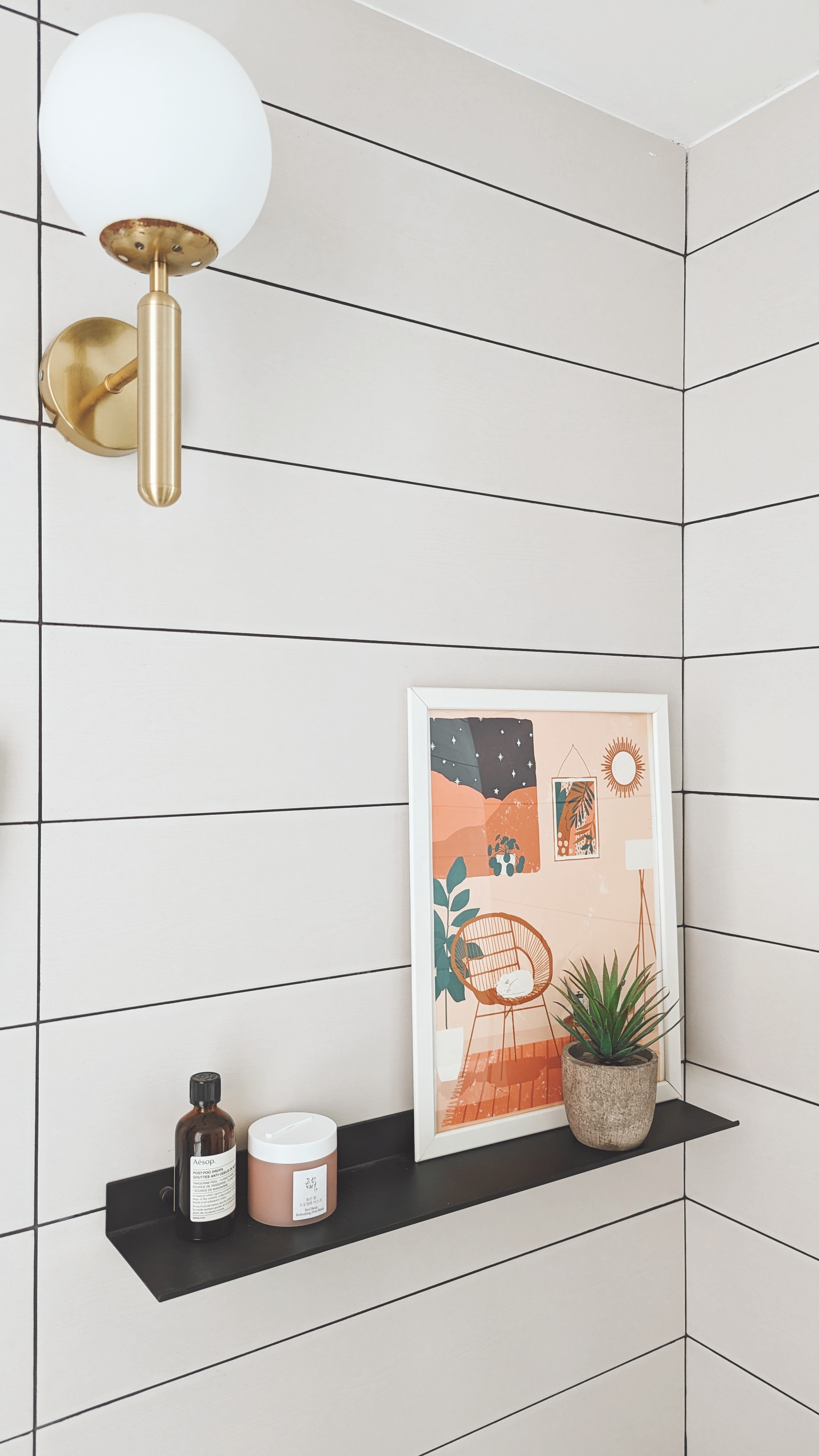 Walk about our quirky, catto-loving space. - White tiled wall, modern decor, minimalist design, abstract art, framed picture