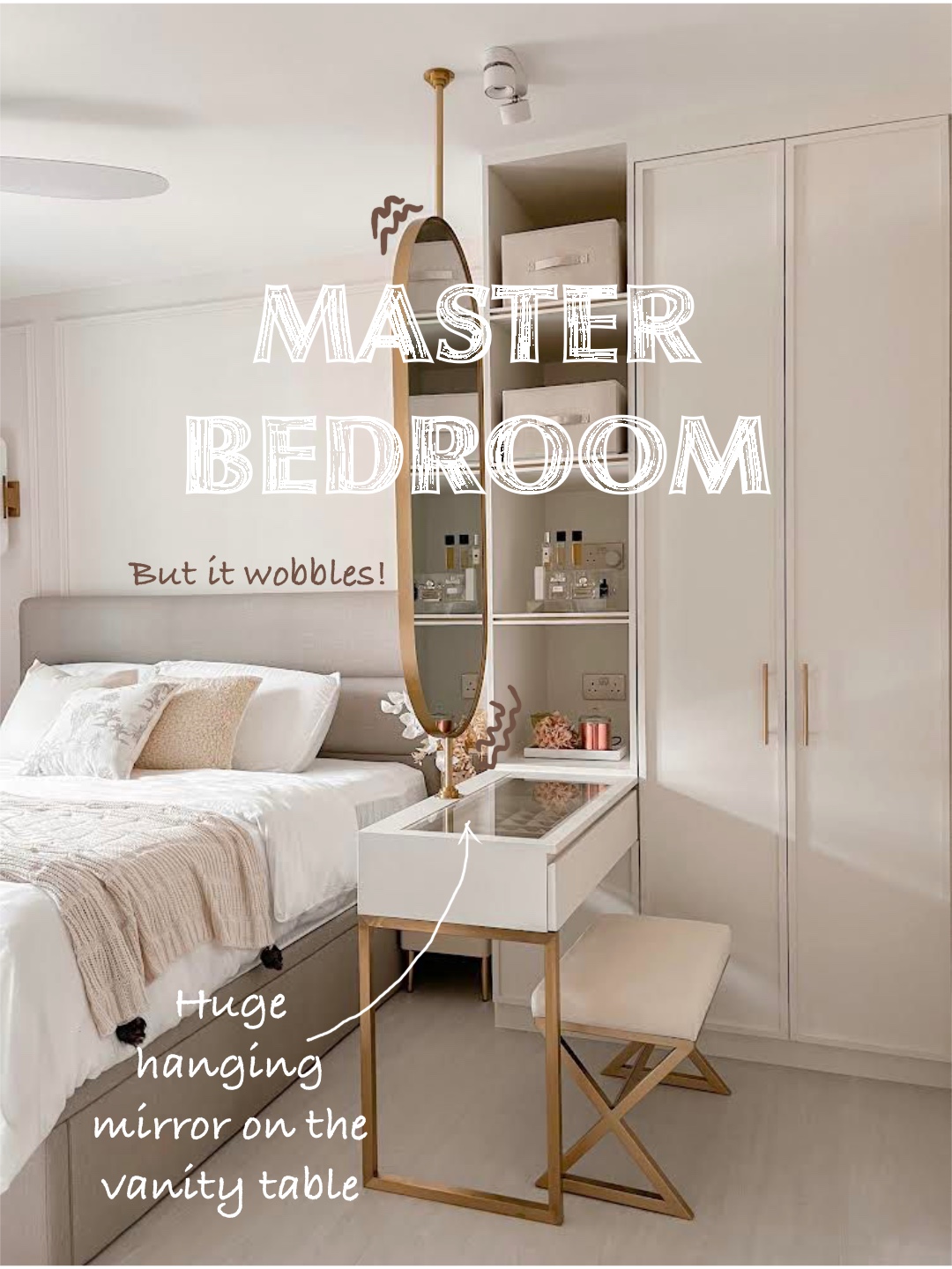 No monsters under this bed, its beside it - Master bedroom, elegant design, large mirror, vanity table, cozy bed, hanging