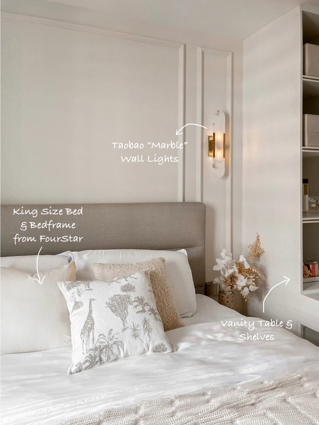 No monsters under this bed, its beside it - King Size Bed & Bedframe from FourStar, Taobao "Marble" Wall Lights, Vanity Table