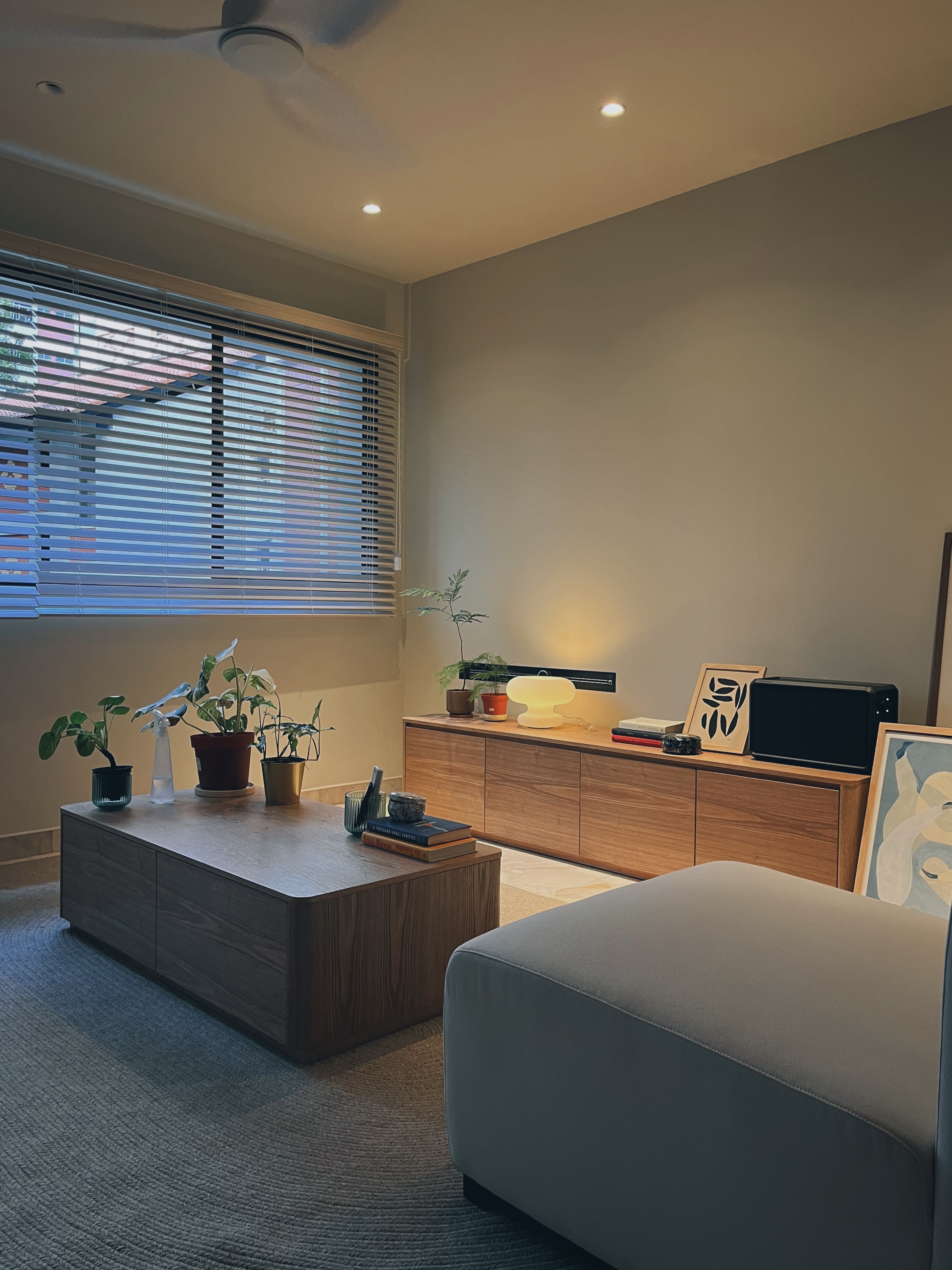 Optimising our living space for flow and flexibility - Wooden coffee table, modern living room, minimalist decor, potted