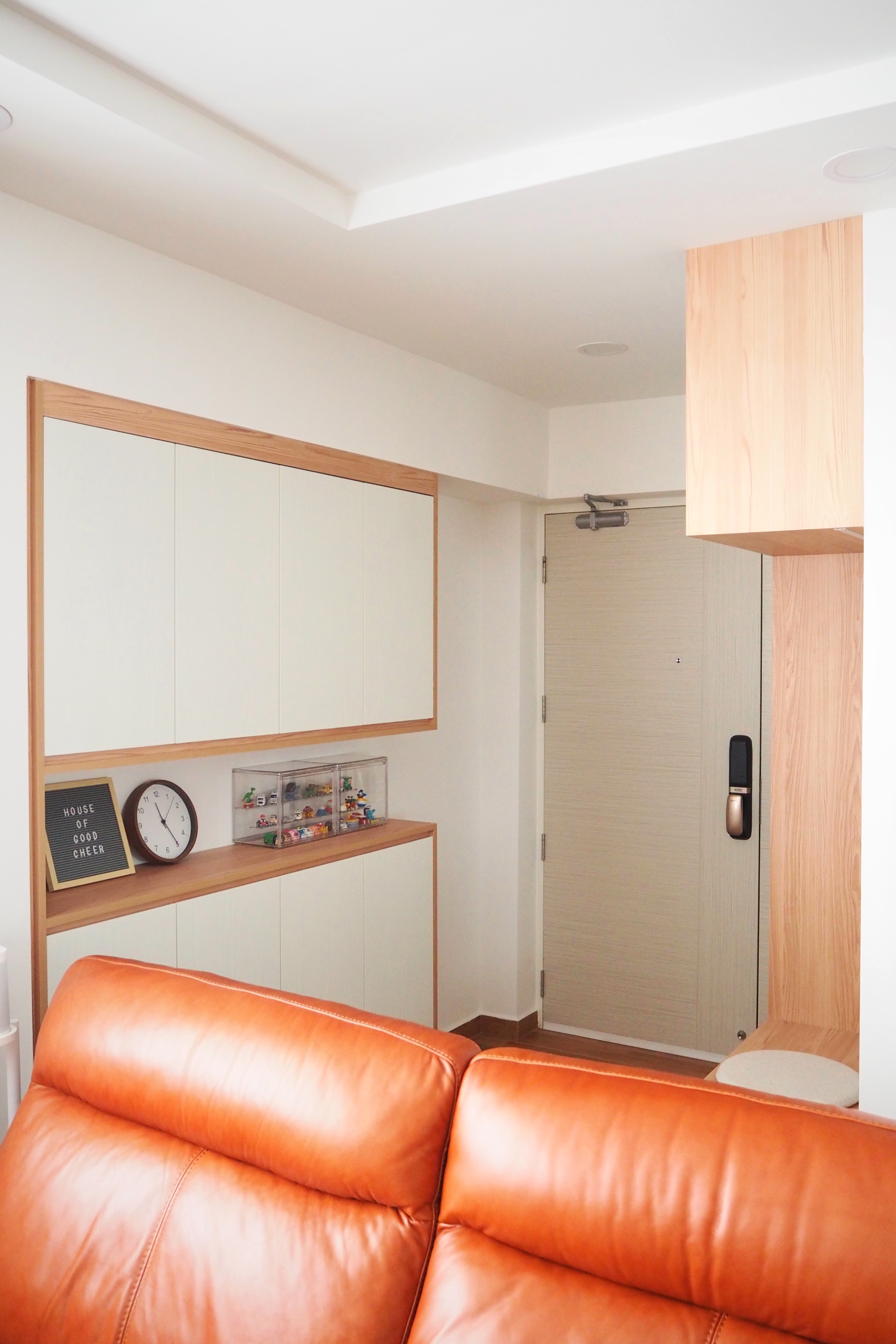 Maximising Space at Our Entryway - Wooden shelving unit, white cabinets, minimalist design, light beige color, modern decor